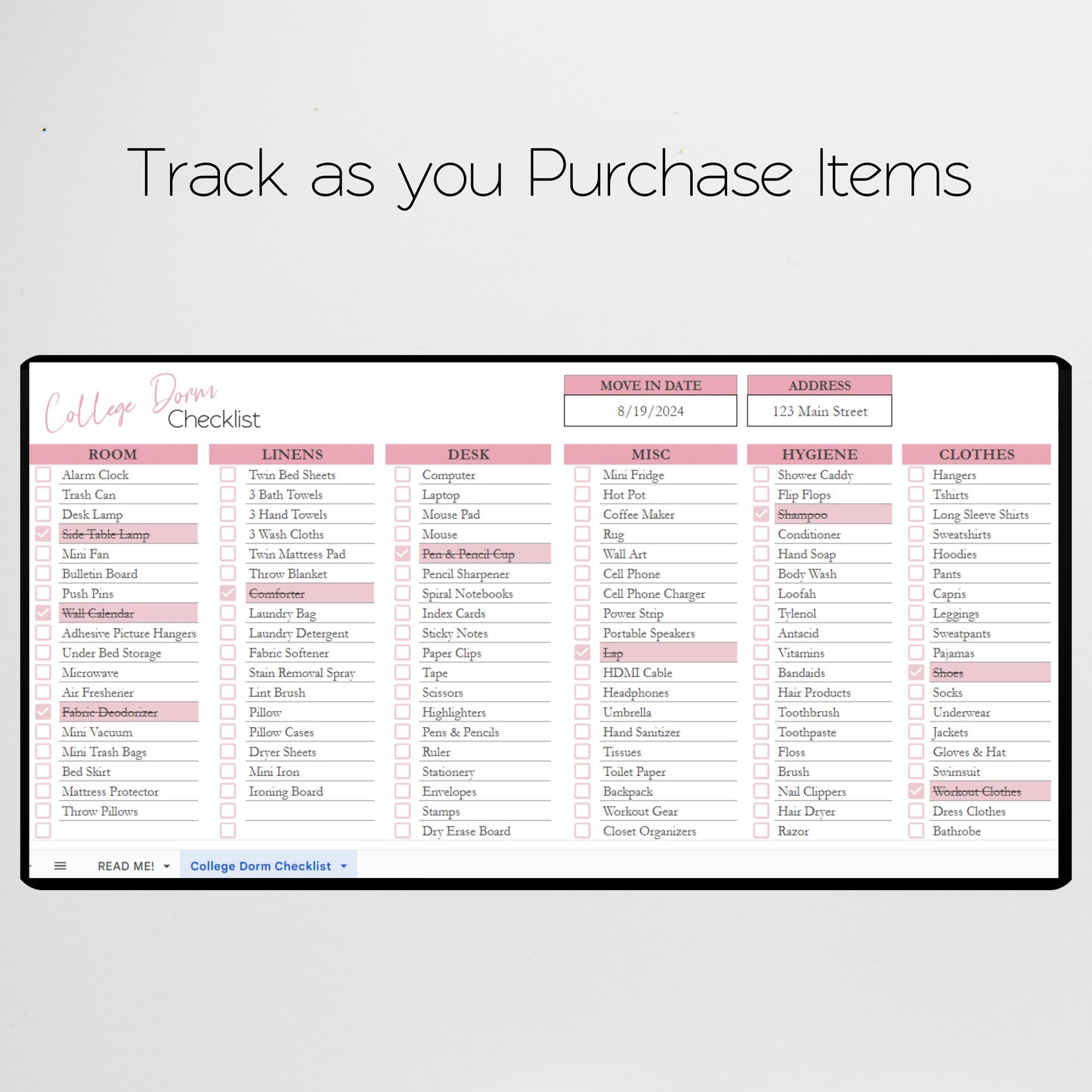 College Dorm Room Essentials Checklist Template Google Sheets Excel Spreadsheet