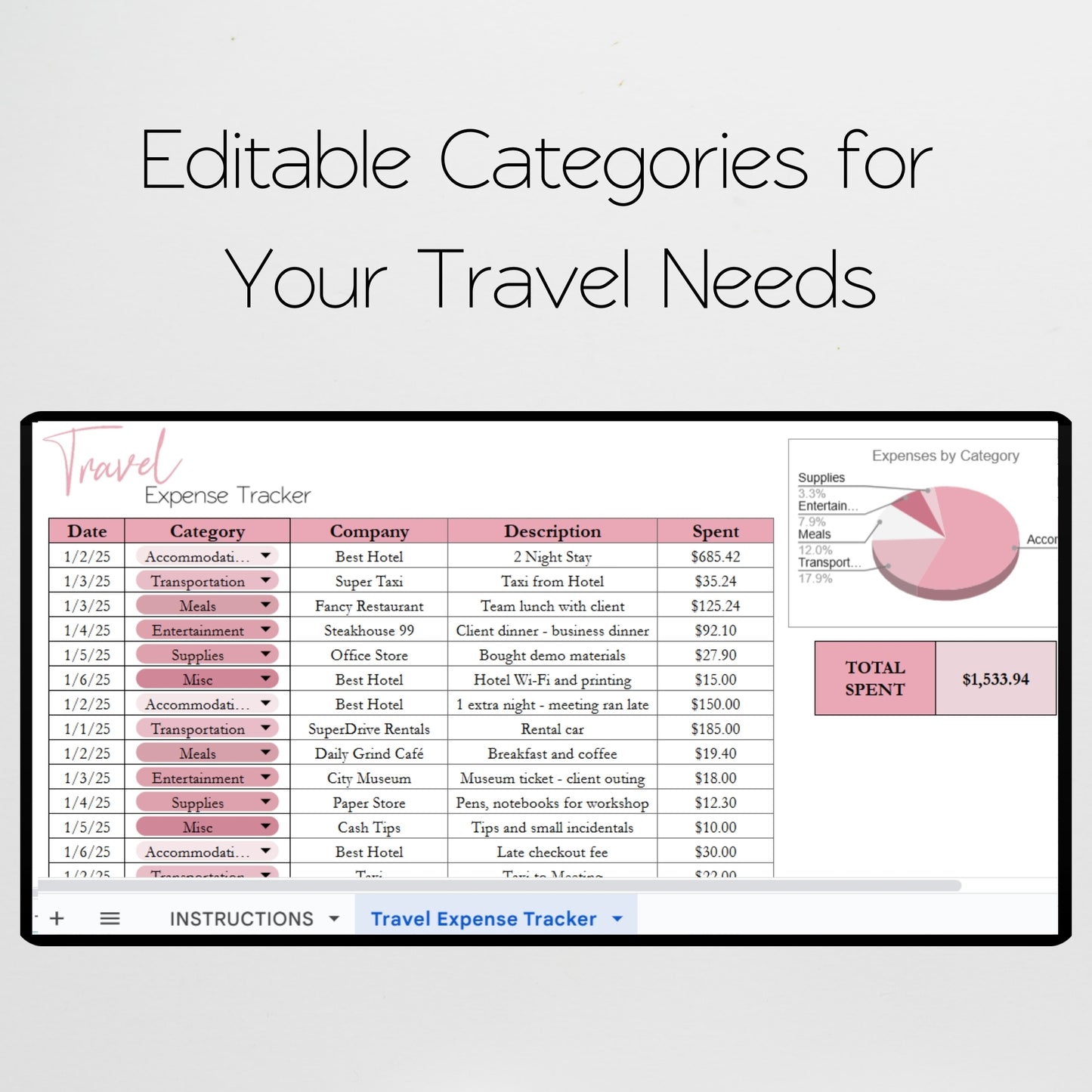 Travel Expense Tracker Spreadsheet Template Google Sheets and Excel Spreadsheet
