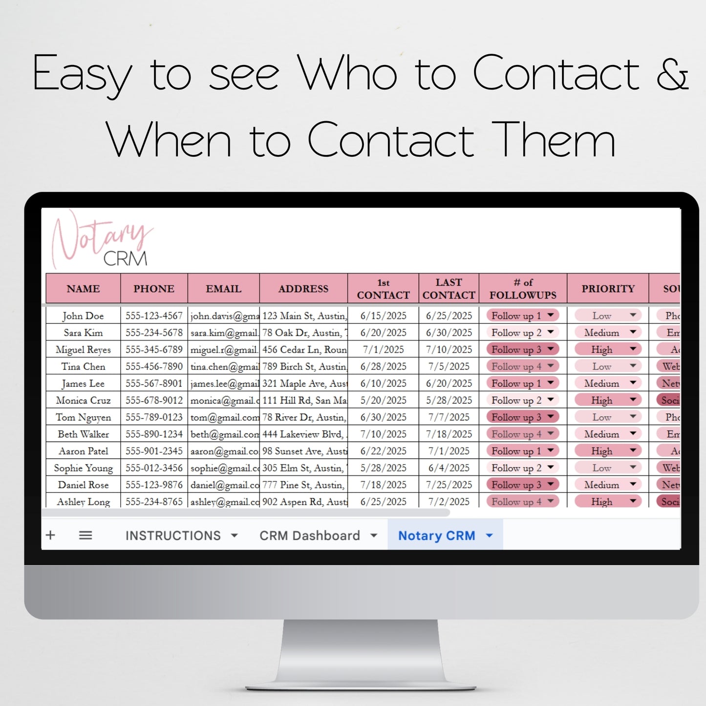 Notary CRM Template for Google Sheets and Excel Spreadsheet: Lead Tracker