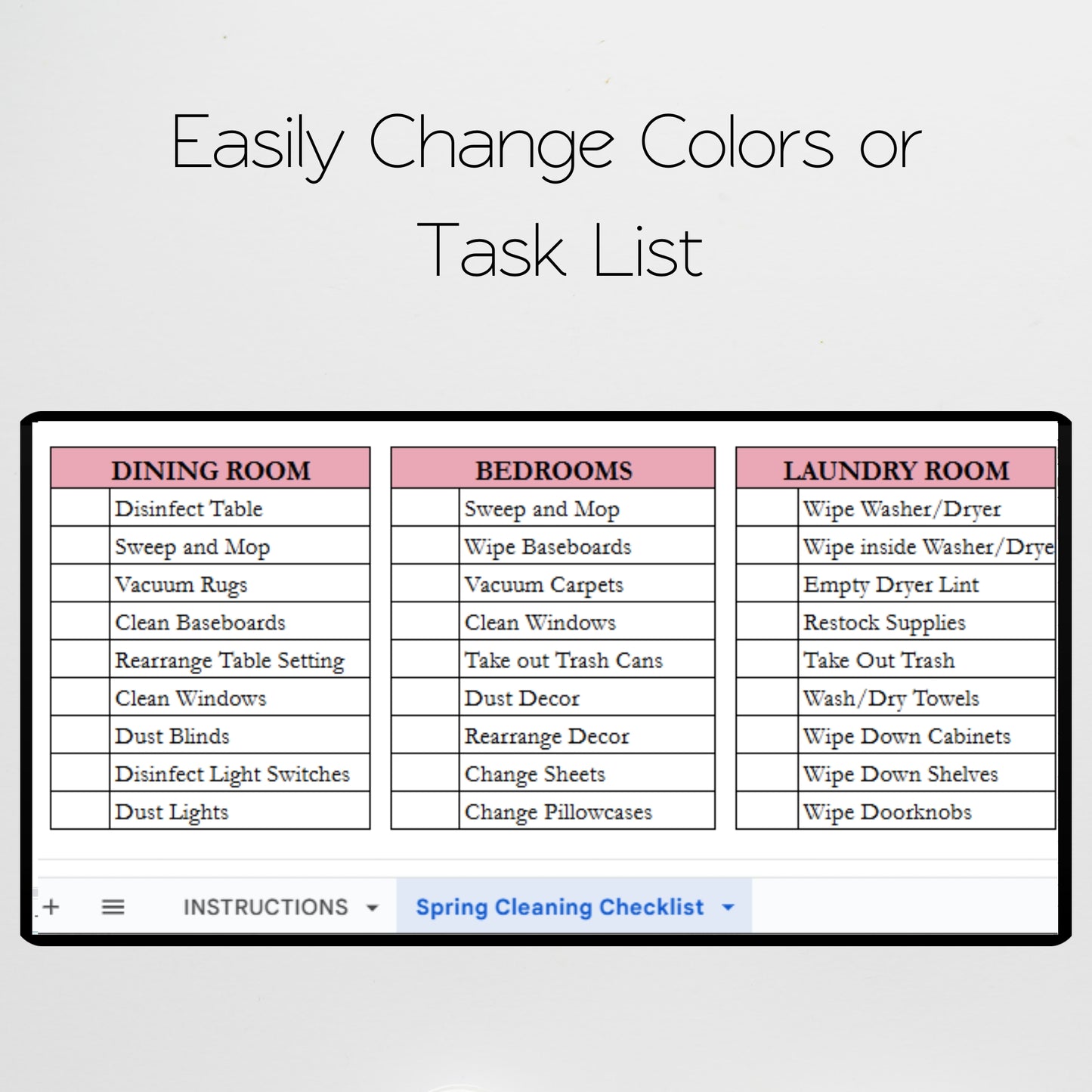 Spring Cleaning Checklist Google Sheets and Excel Spreadsheet Template