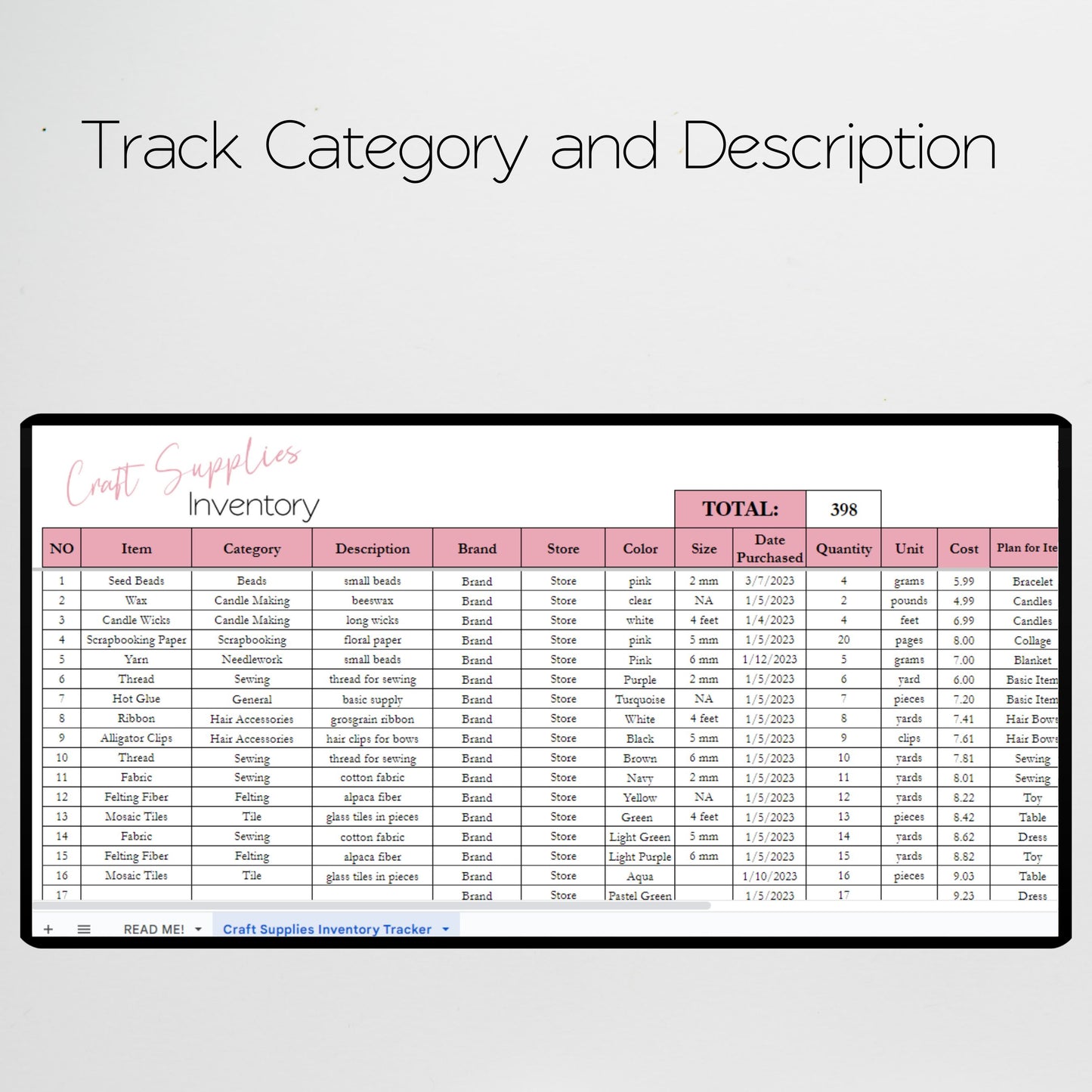 Craft Supplies Inventory Tracker Google Sheet