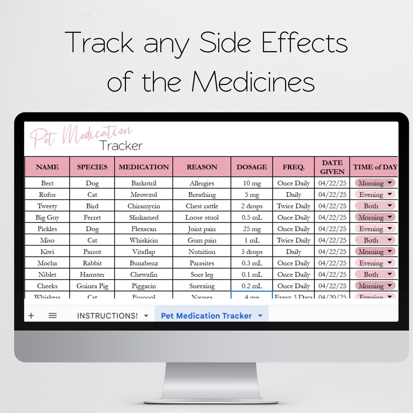Pet Medication Tracker Template for Google Sheets and Excel Spreadsheet