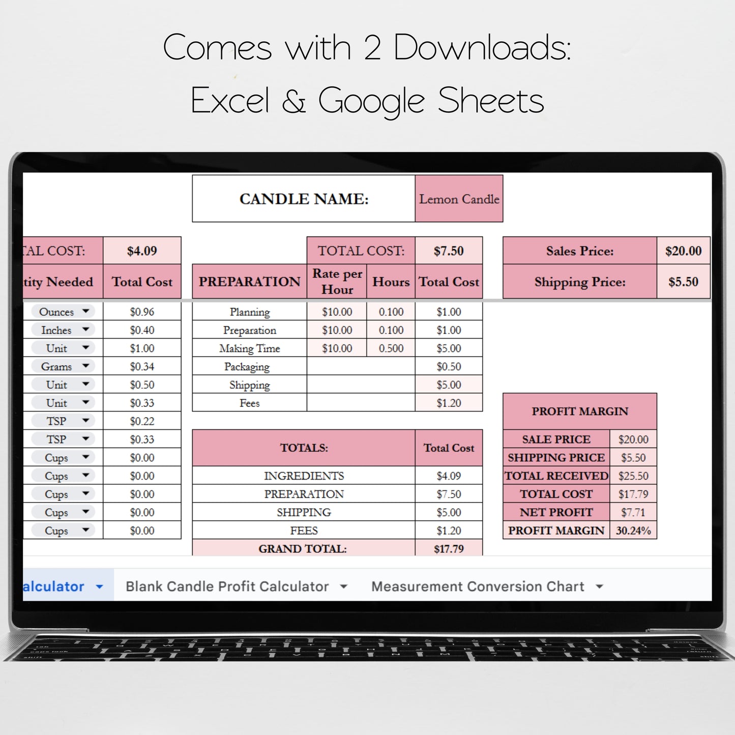 Candle Calculator Spreadsheet Google Sheet and Excel for Cost, Wax, and Fragrance