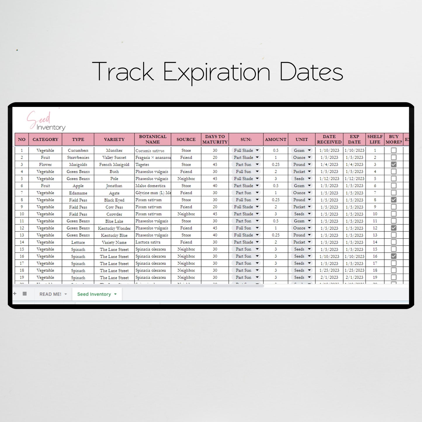 Seed Inventory Google Sheet and Excel Spreadsheet