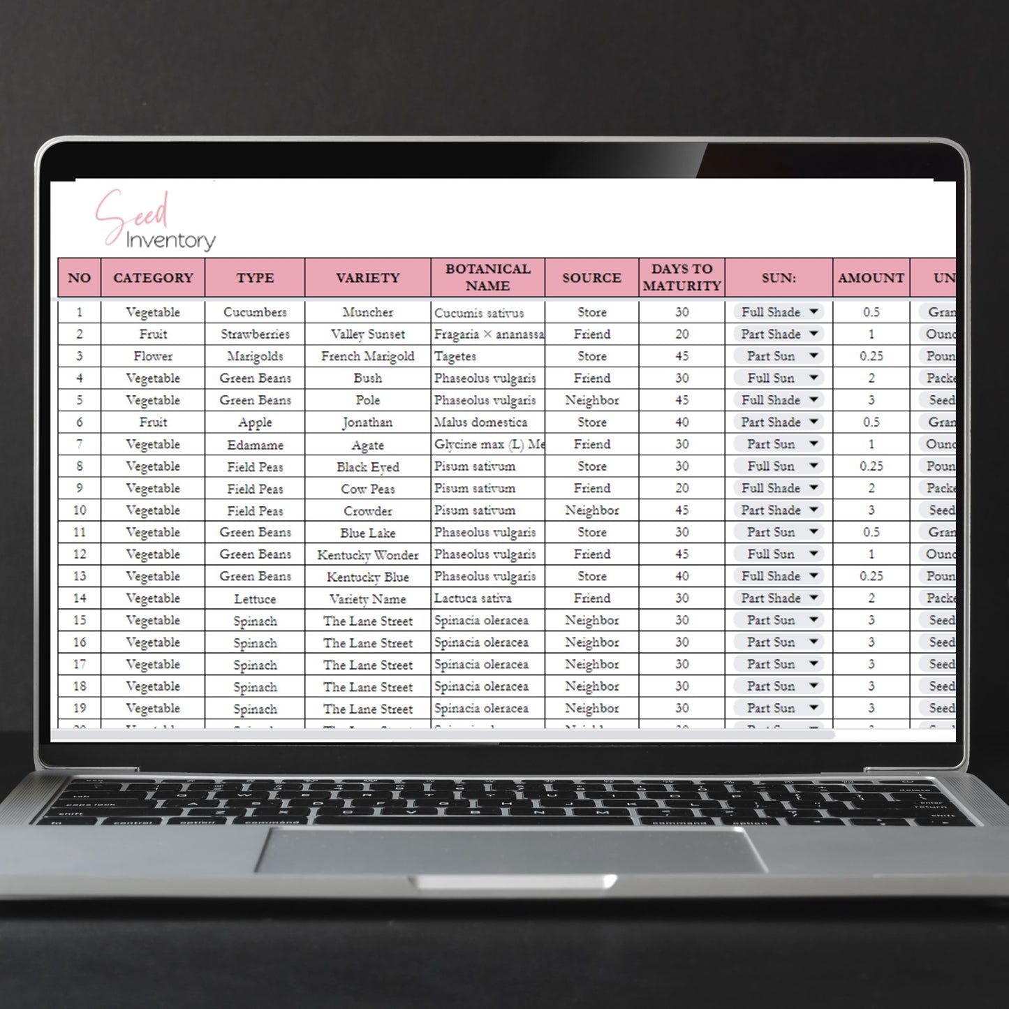 Seed Inventory Google Sheet and Excel Spreadsheet