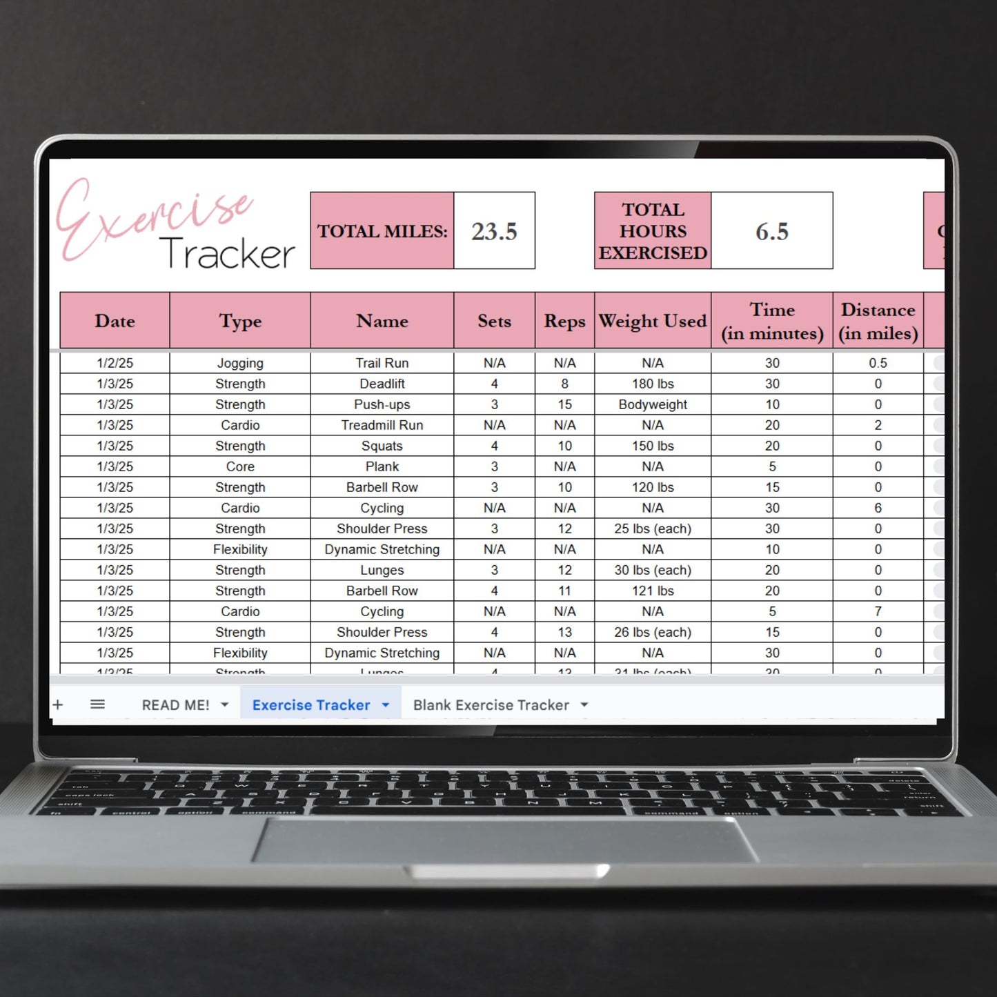 Exercise Tracker Google Sheet Template and Excel Spreadsheet