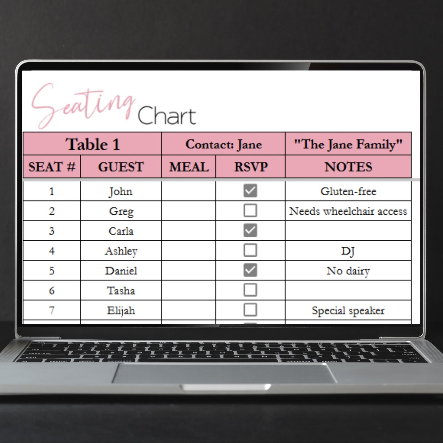 Seating Chart Template and Guest List for Google Sheets and Excel Spreadsheet