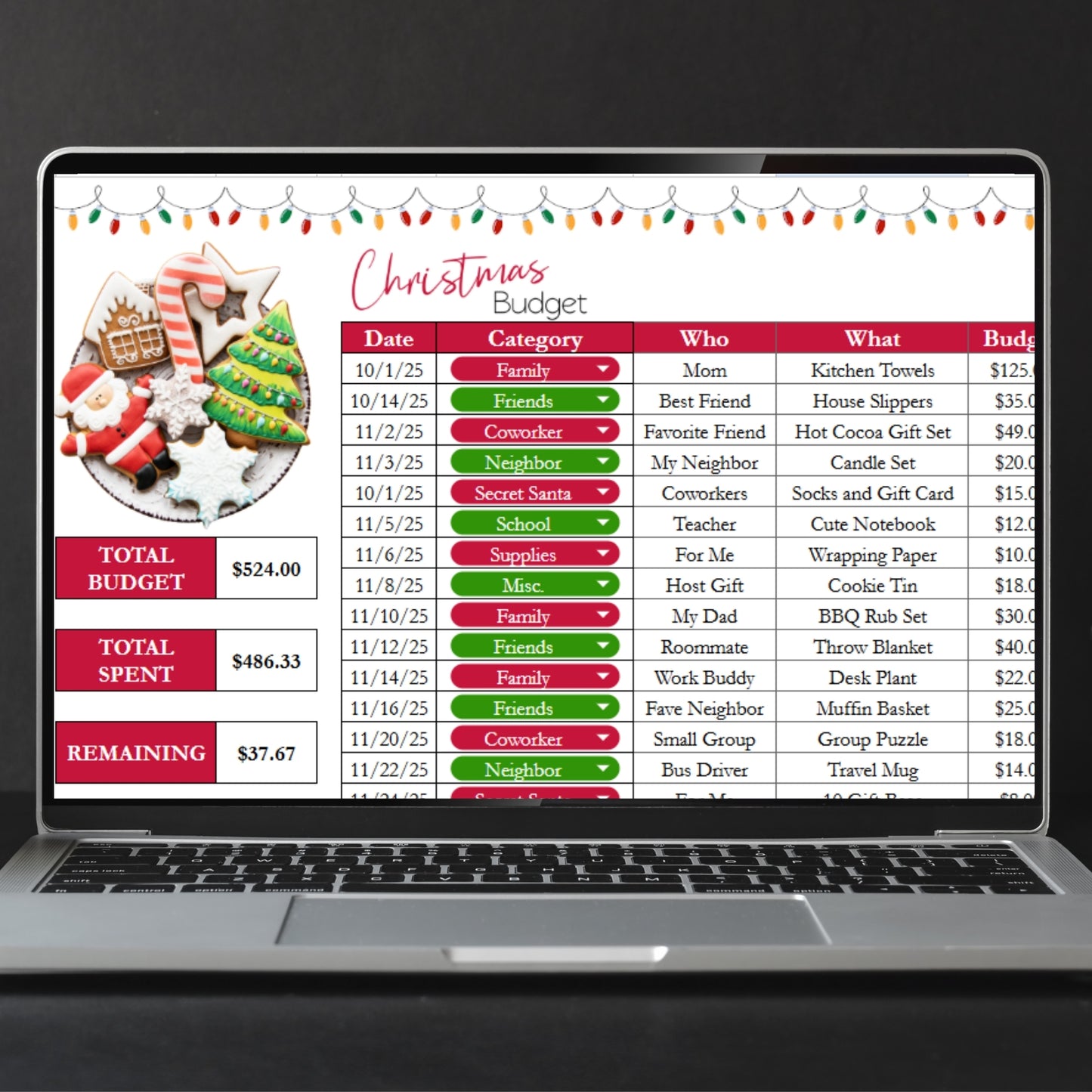 Christmas Budget Spreadsheet Template, Excel Spreadsheet and Google Sheet