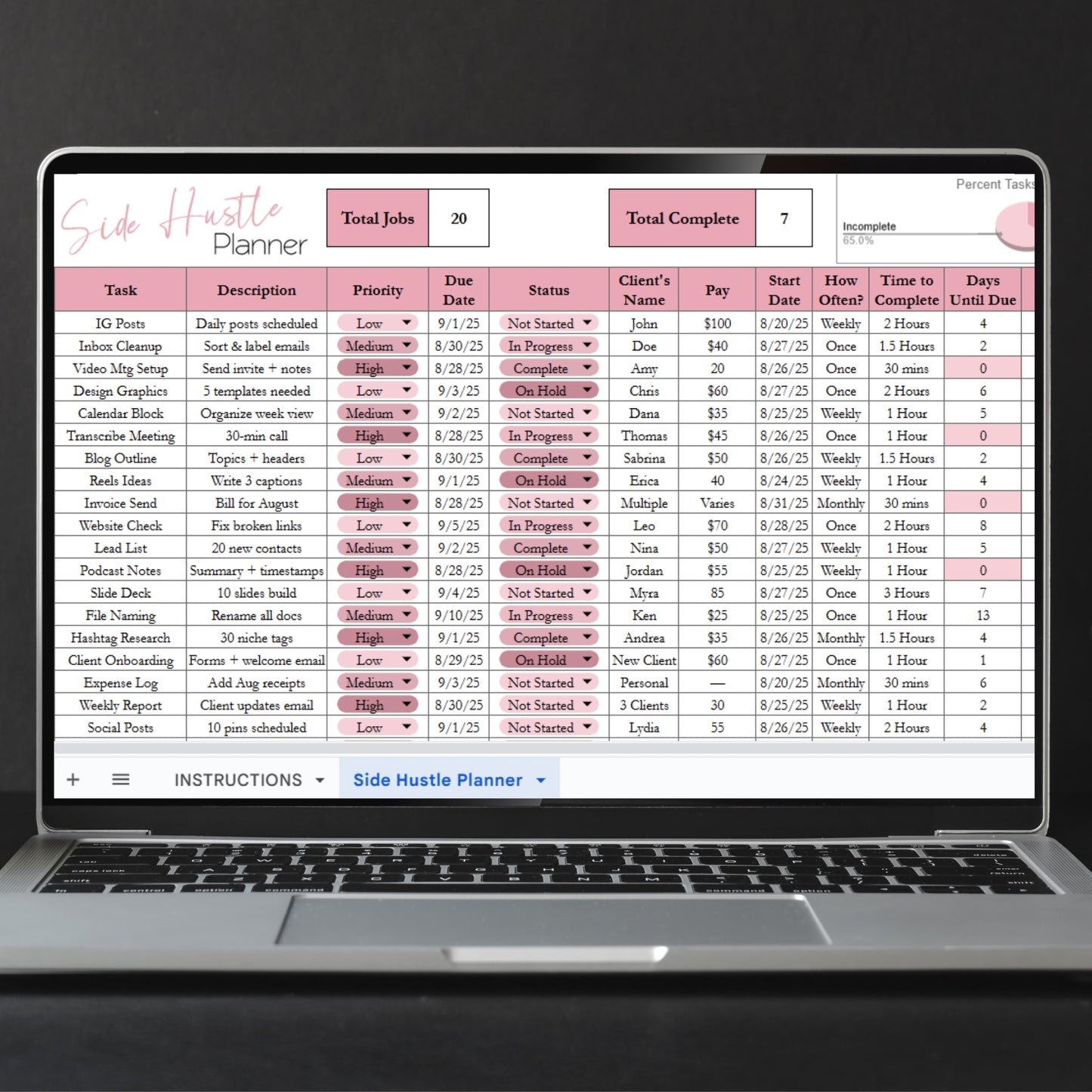 Side Hustle Planner Template for Google Sheets and Excel Spreadsheet