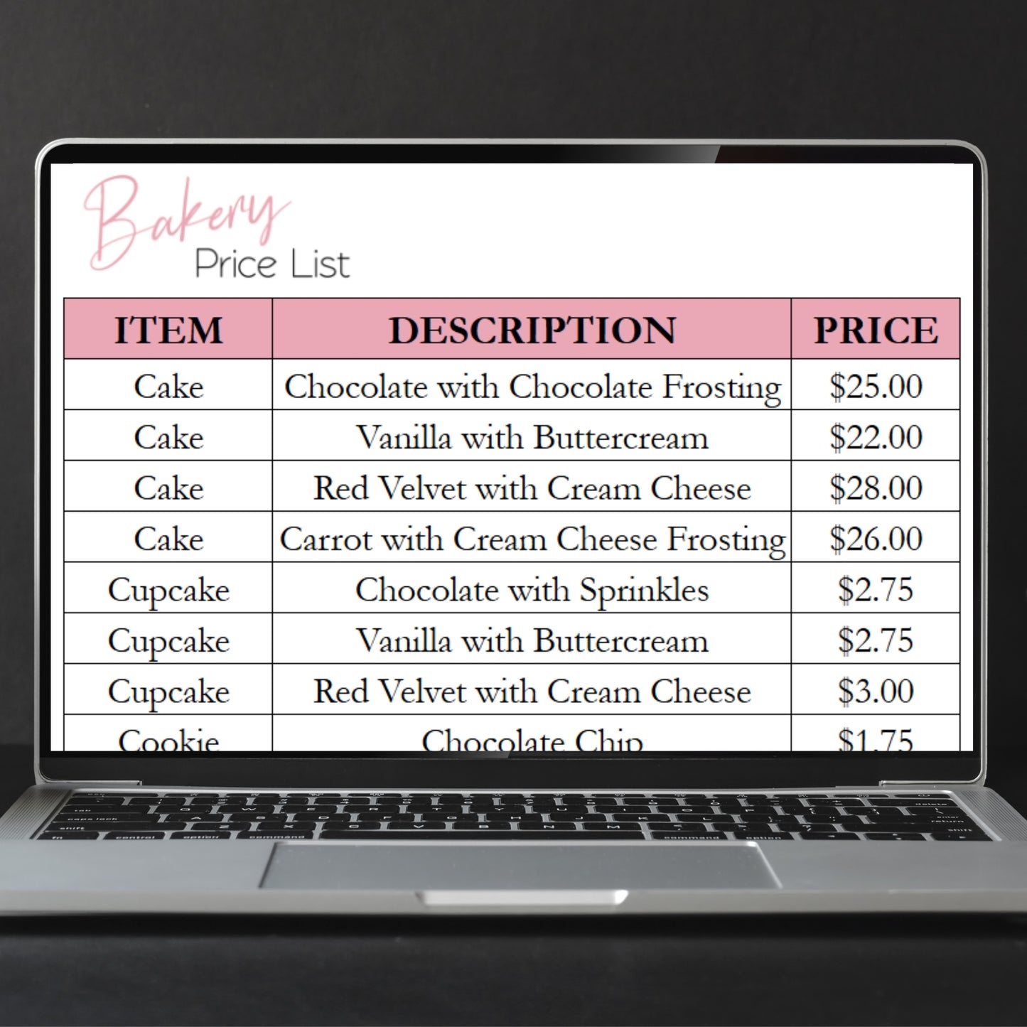 Bakery Price List Template Google Sheets and Excel Spreadsheet