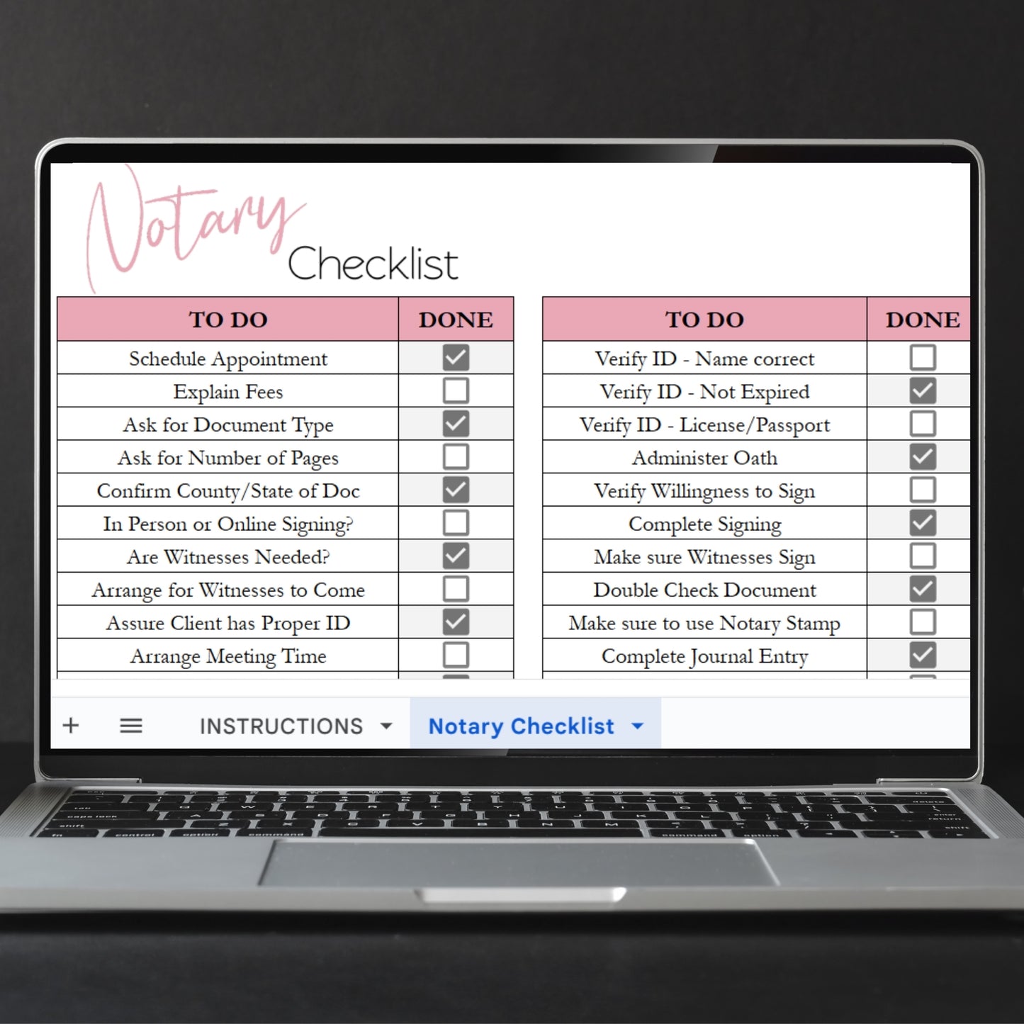 Notary Checklist Template for Google Sheets and Excel Spreadsheet