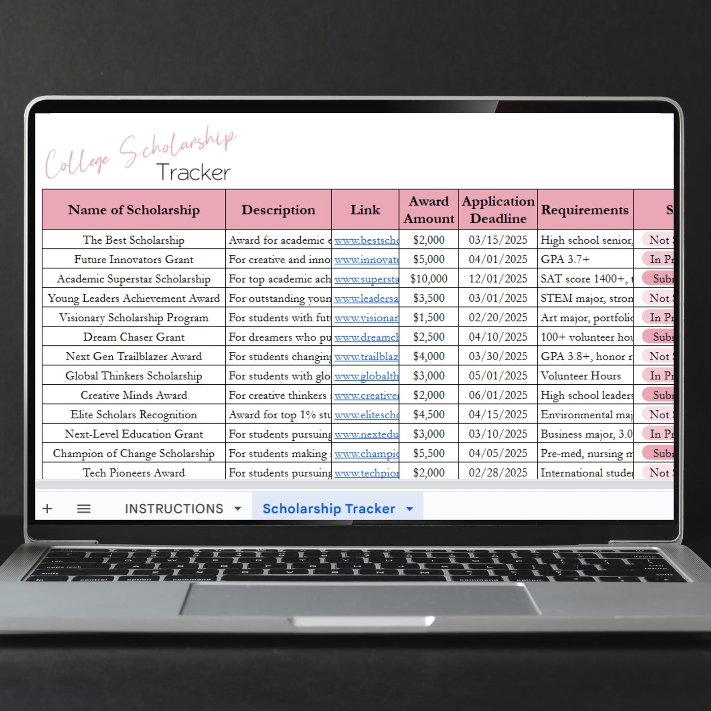 College Scholarship Tracker Template Google Sheets and Excel Spreadsheet
