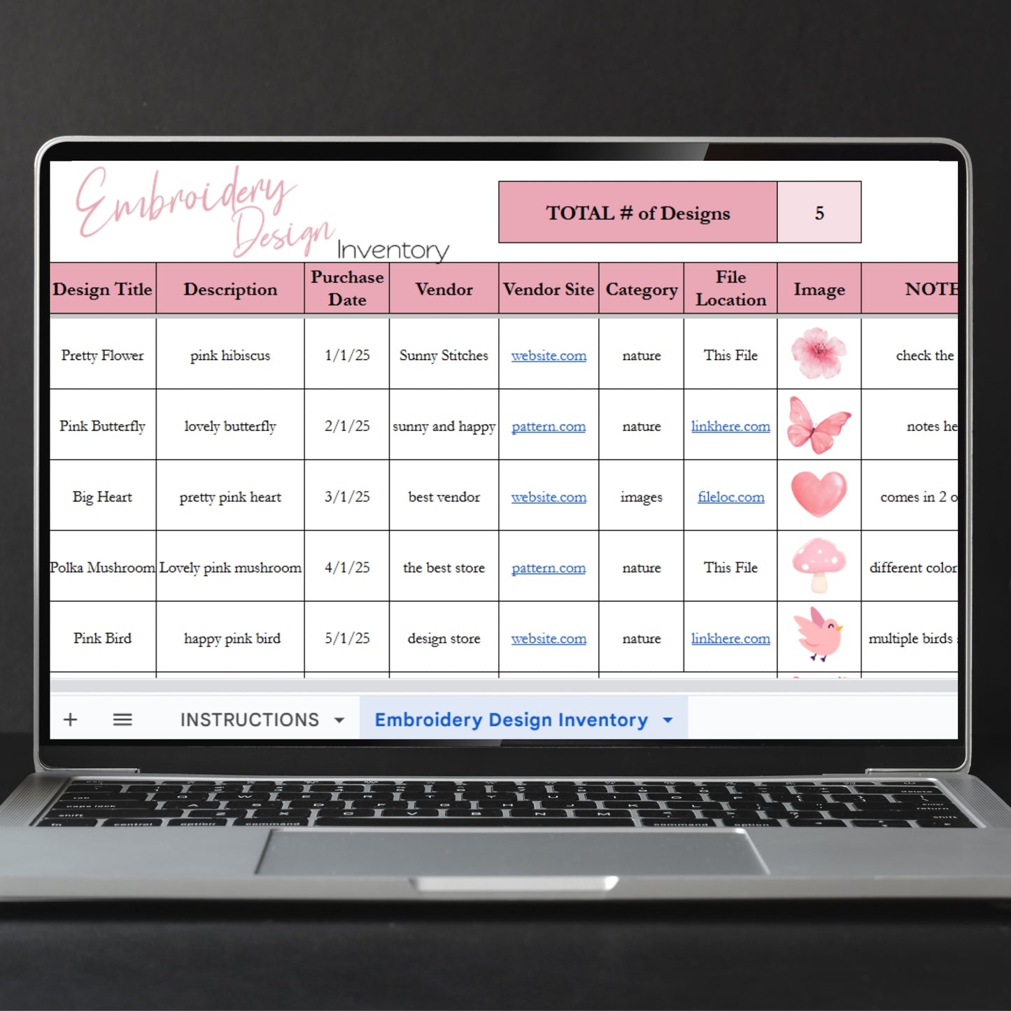 Embroidery Design Inventory Tracker Google Sheets Template and Excel Spreadsheet