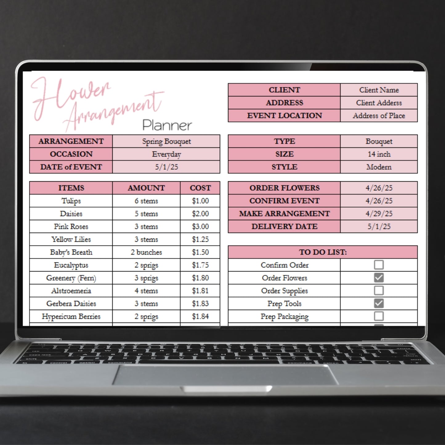 Flower Arrangement Planner Template Google Sheets and Excel Spreadsheet
