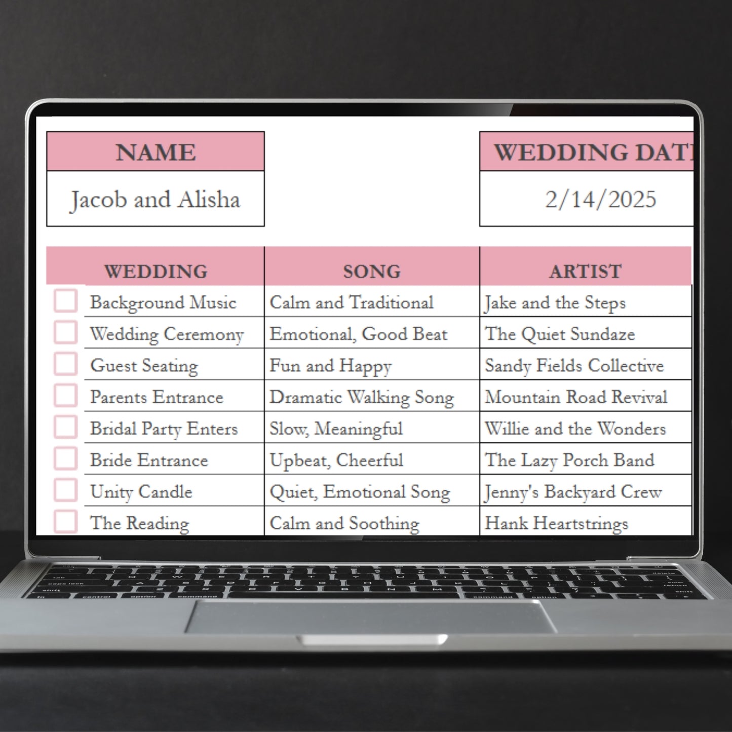 Wedding Song Playlist Template Google Sheets and Excel Spreadsheet