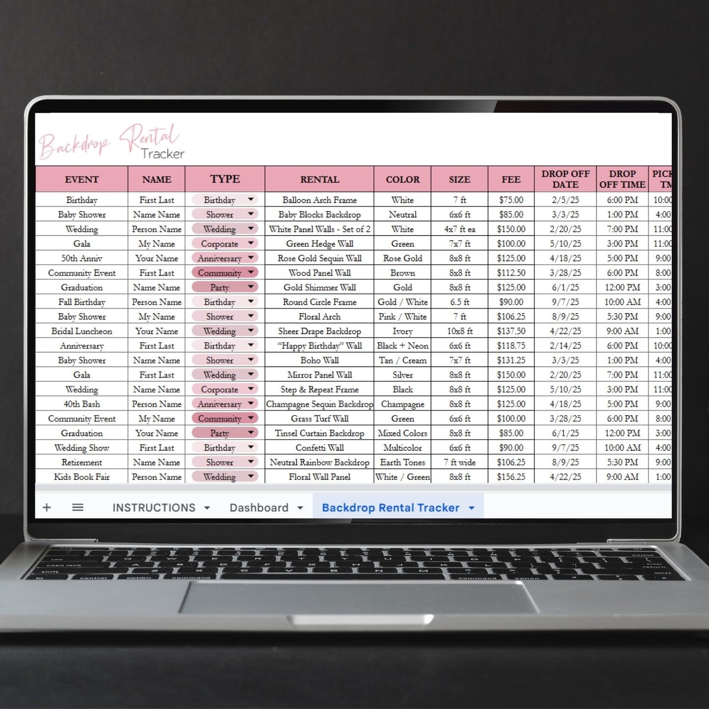 Backdrop Rental Tracker for Party Business Google Sheets and Excel Spreadsheet