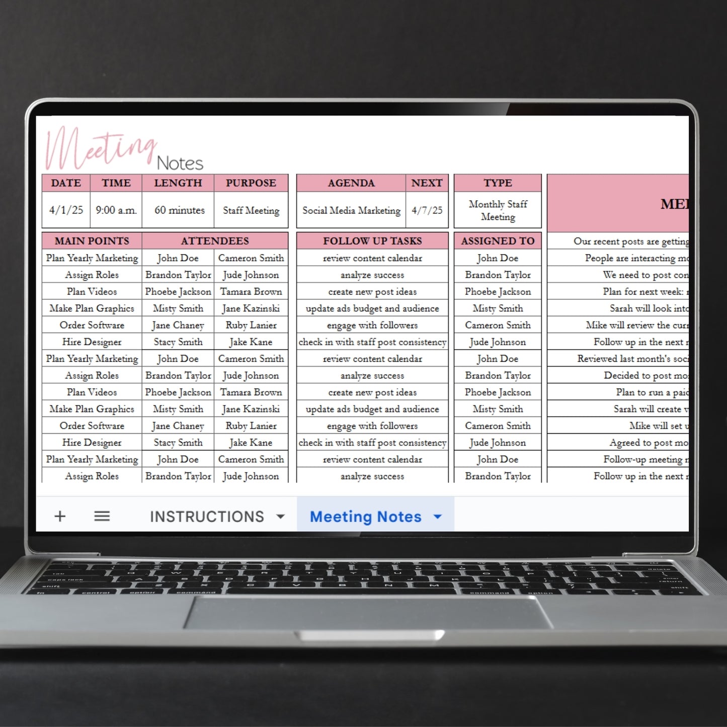Meeting Notes Template Google Sheets and Excel Spreadsheet