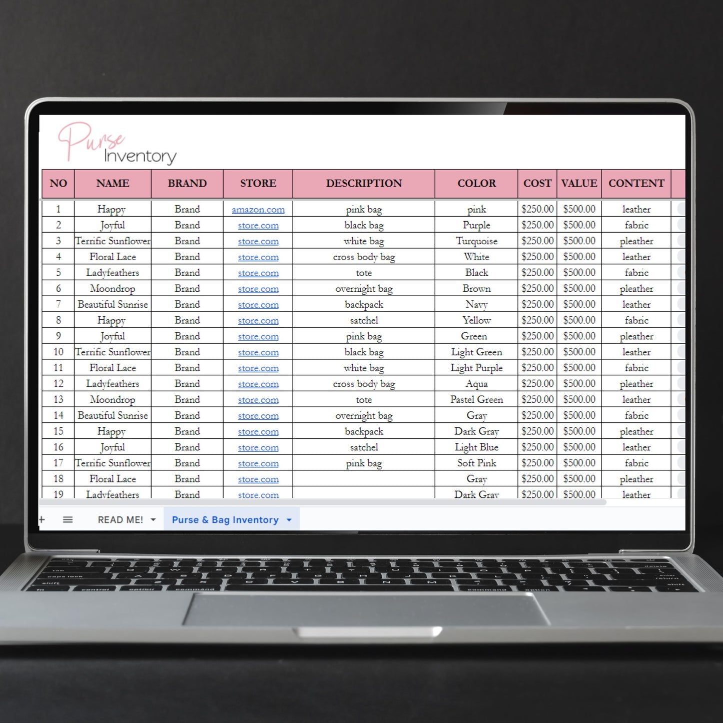 Purse Inventory Tracker Google Sheets