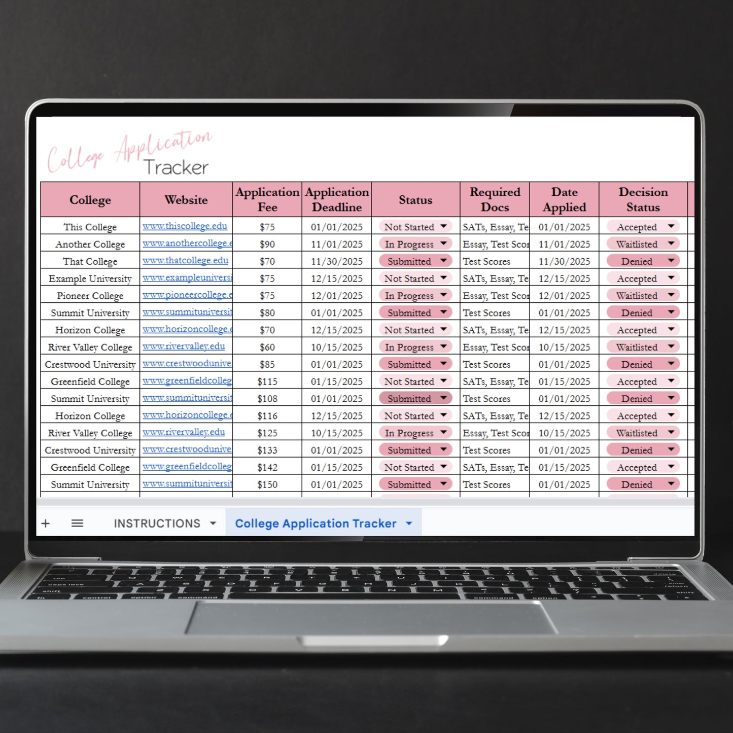 College Application Tracker Template Google Sheets and Excel Spreadsheet