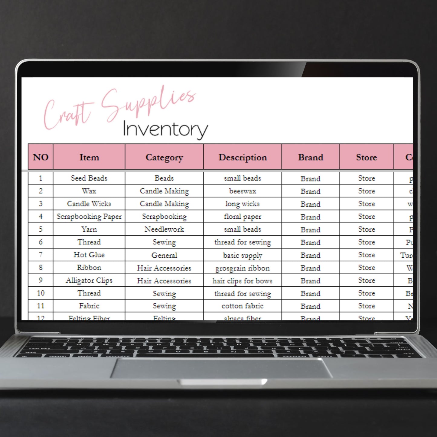 Craft Supplies Inventory Tracker Google Sheet
