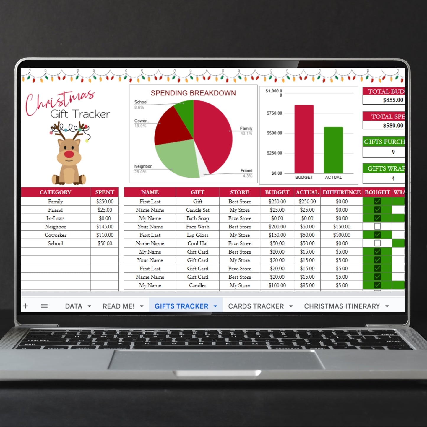 Christmas Gift Tracker Excel Spreadsheet, Holiday Budget Planner,