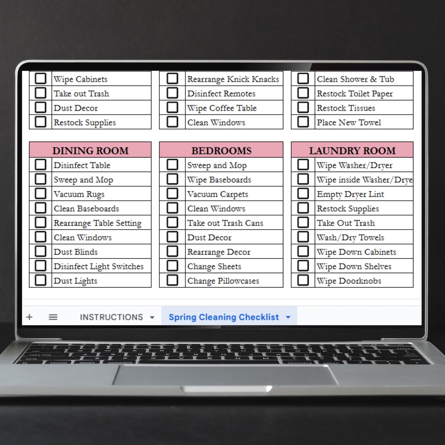 Spring Cleaning Checklist Google Sheets and Excel Spreadsheet Template
