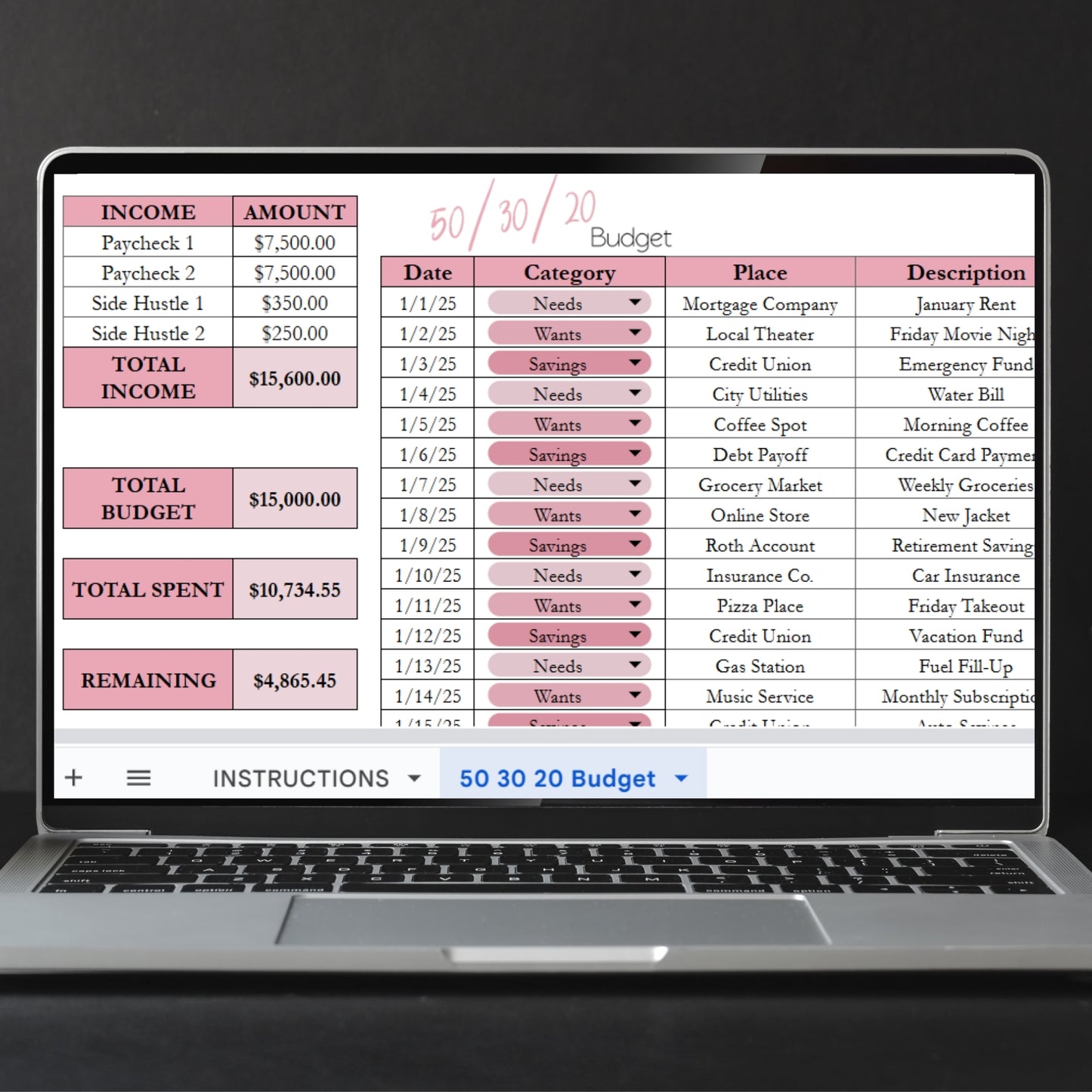 50 30 20 Budget Spreadsheet Template Google Sheets and Excel Spreadsheet