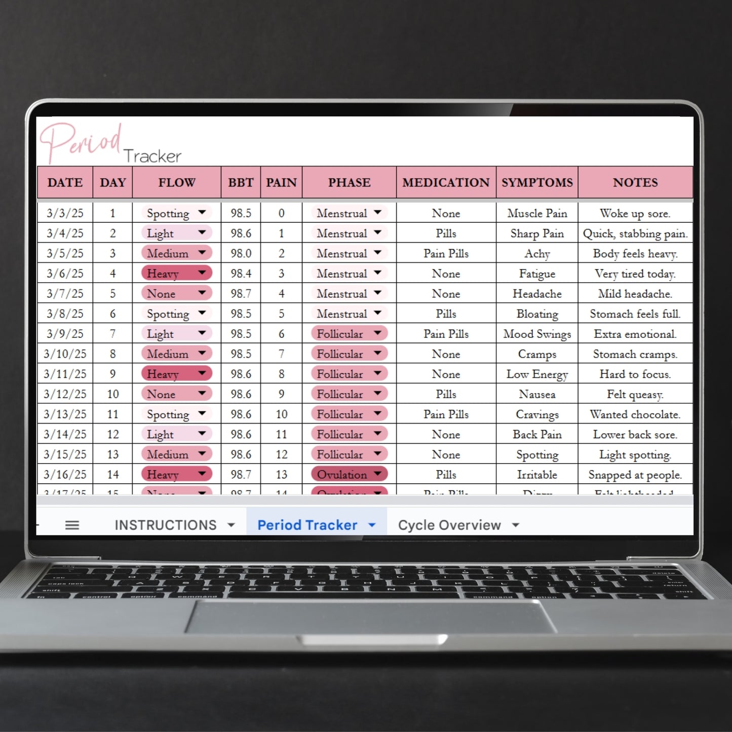 Period Tracker Template Google Sheets and Excel Spreadsheet