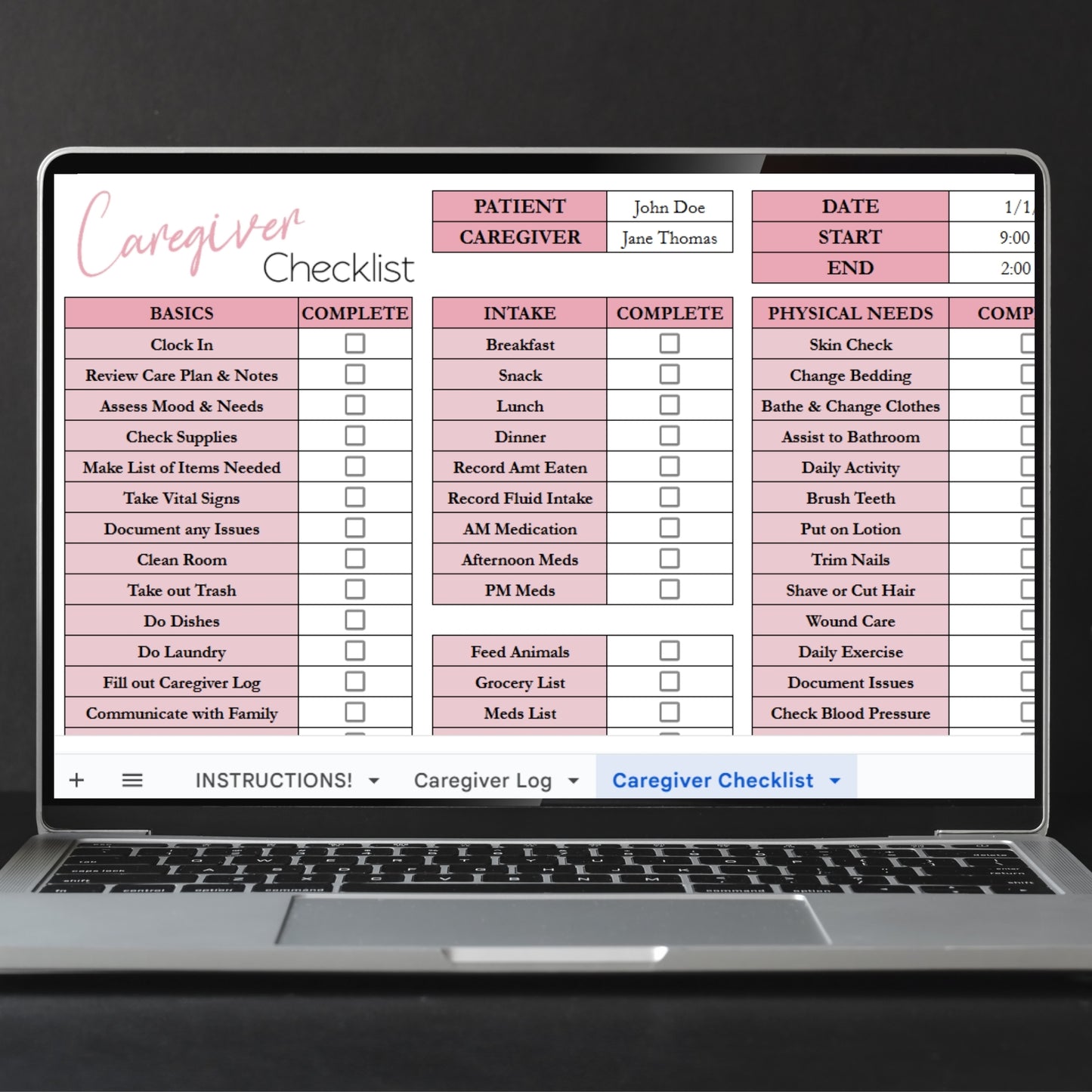 Caregiver Log & Caregiver Checklist Tracker Template for Google Sheets and Excel Spreadsheet