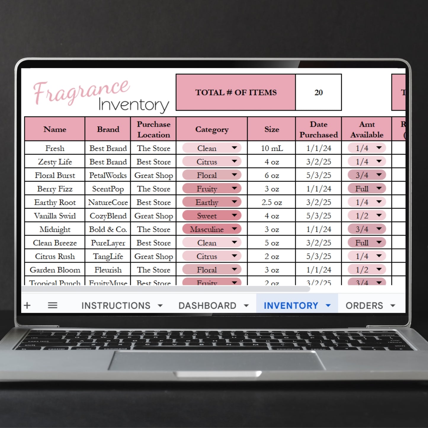 Fragrance Collection Tracker Template Inventory Tracking for Google Sheets and Excel Spreadsheet