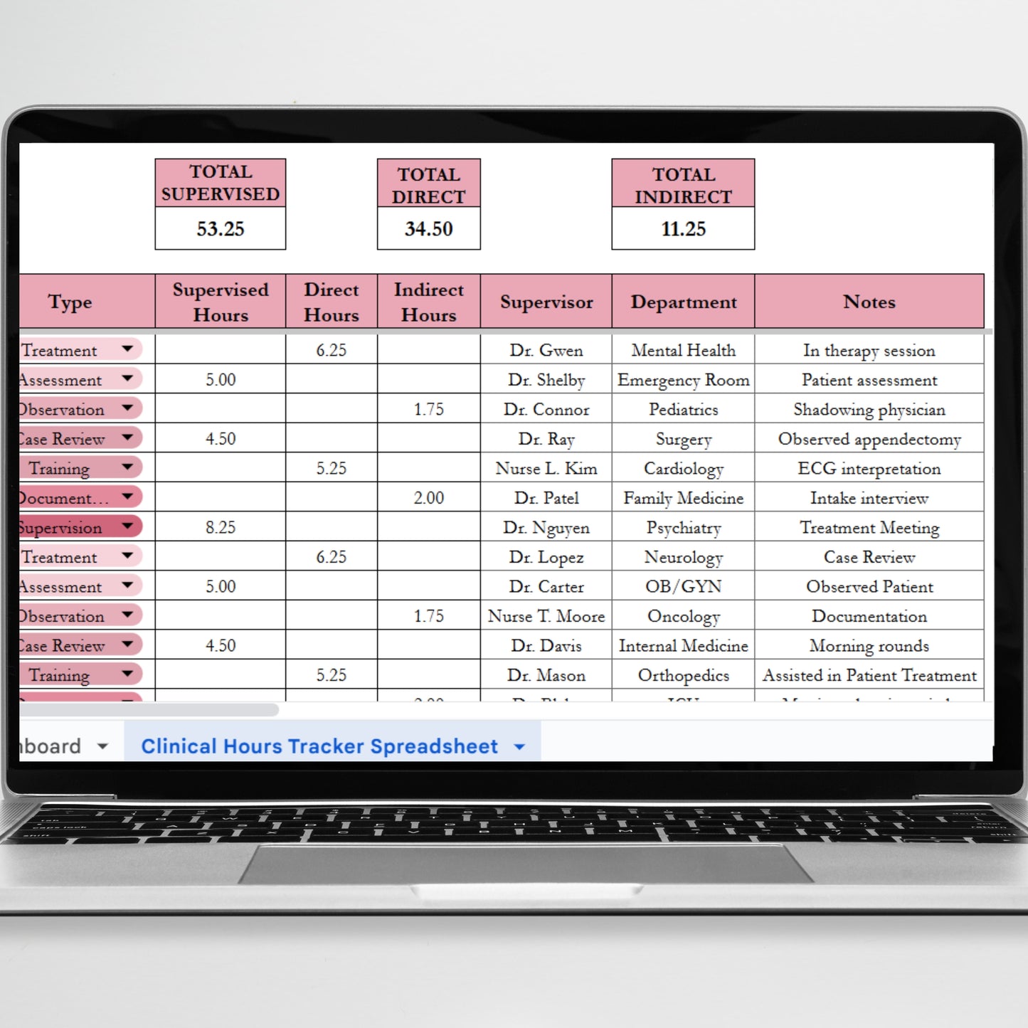 Clinical Hours Tracker Template Excel Spreadsheet and Google Sheets