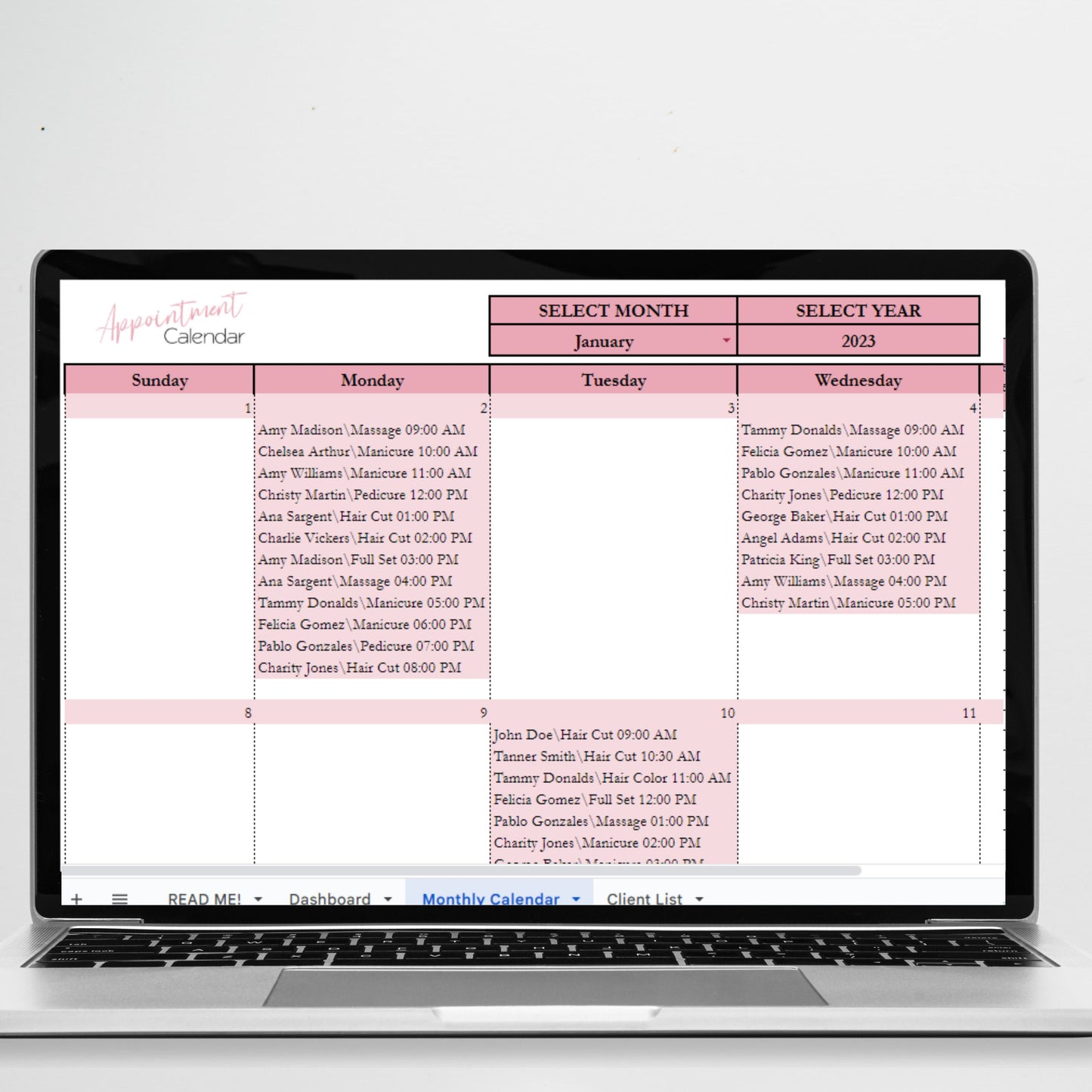 Salon Appointment Calendar Google Sheet Excel Spreadsheet