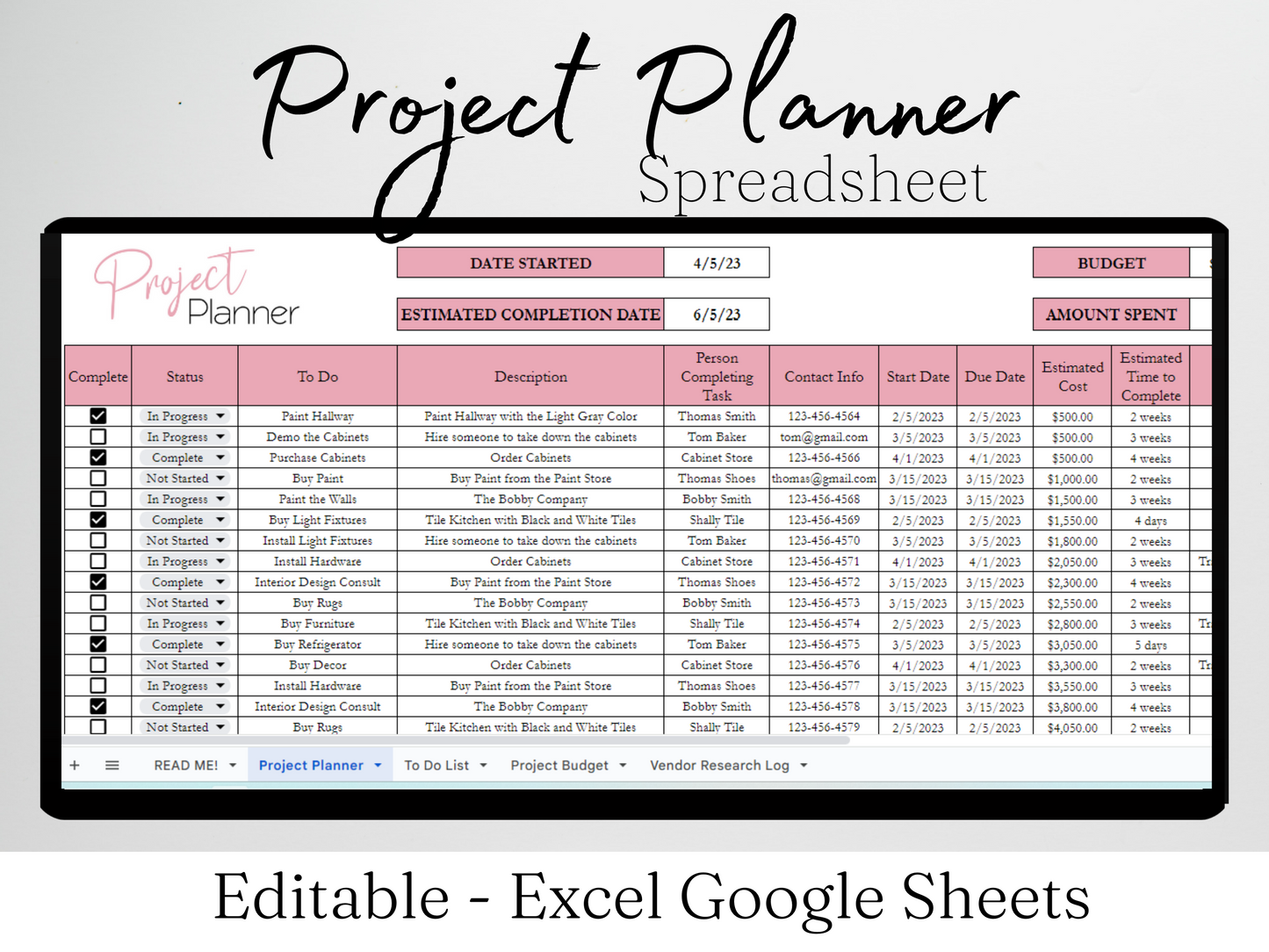 Project Planner Template Google Sheets Excel Spreadsheet
