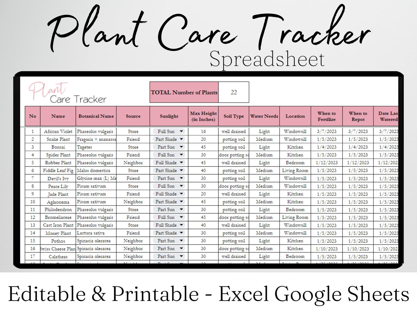 Plant Care Tracker Template Excel Spreadsheet Google Sheets