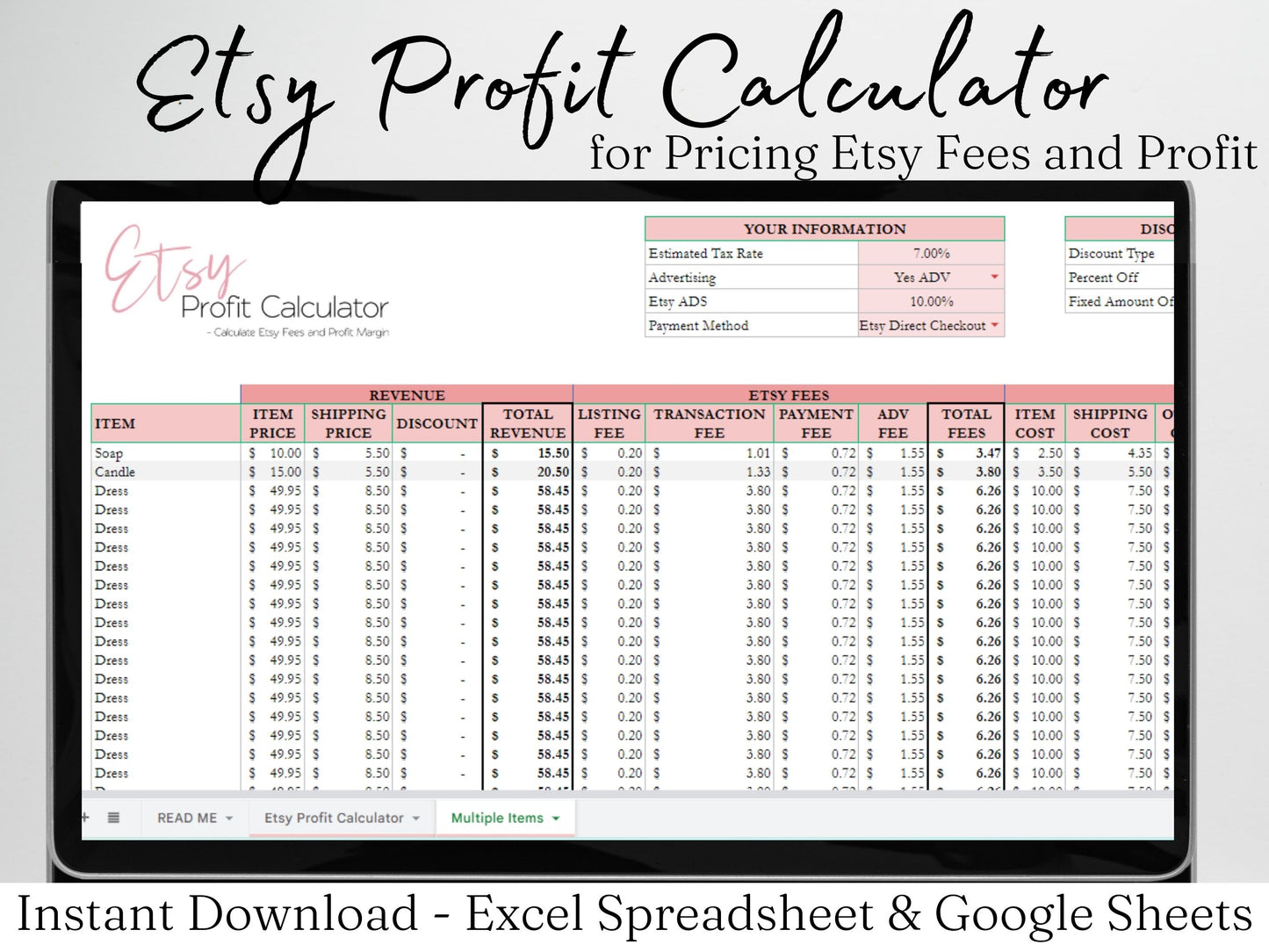 Etsy Profit Calculator, Etsy Fees Calculator, Etsy Profit Margin Calculator - Excel Spreadsheet Google Sheets