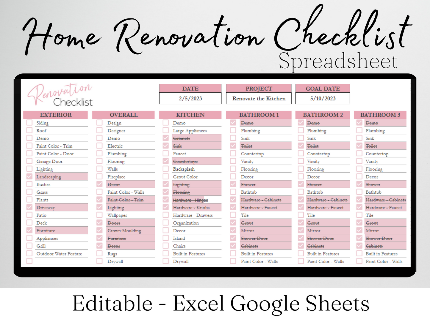 Home Renovation Checklist Template Google Sheets Excel Spreadsheet