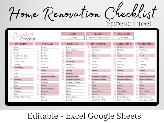 Home Renovation Checklist Template Google Sheets Excel Spreadsheet