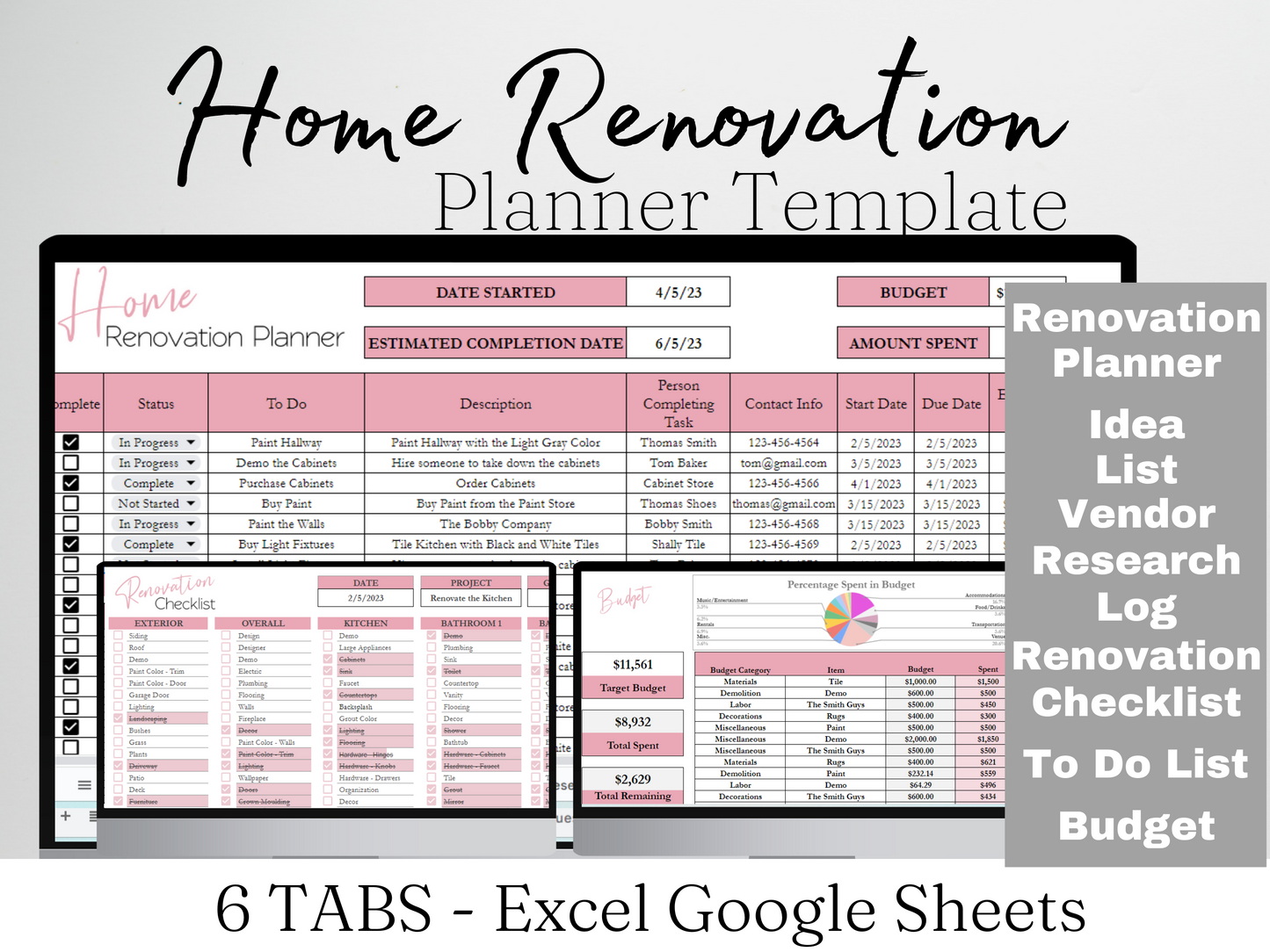 Home Renovation Planner Template Google Sheets Excel Spreadsheet