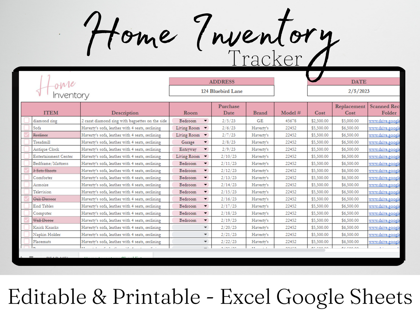 Home Inventory Checklist Template Google Sheets Excel Spreadsheet