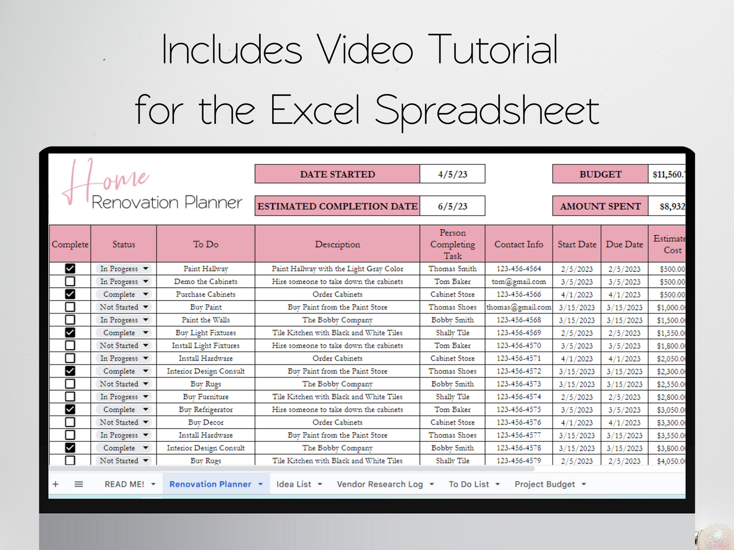 Home Renovation Planner Template Google Sheets Excel Spreadsheet