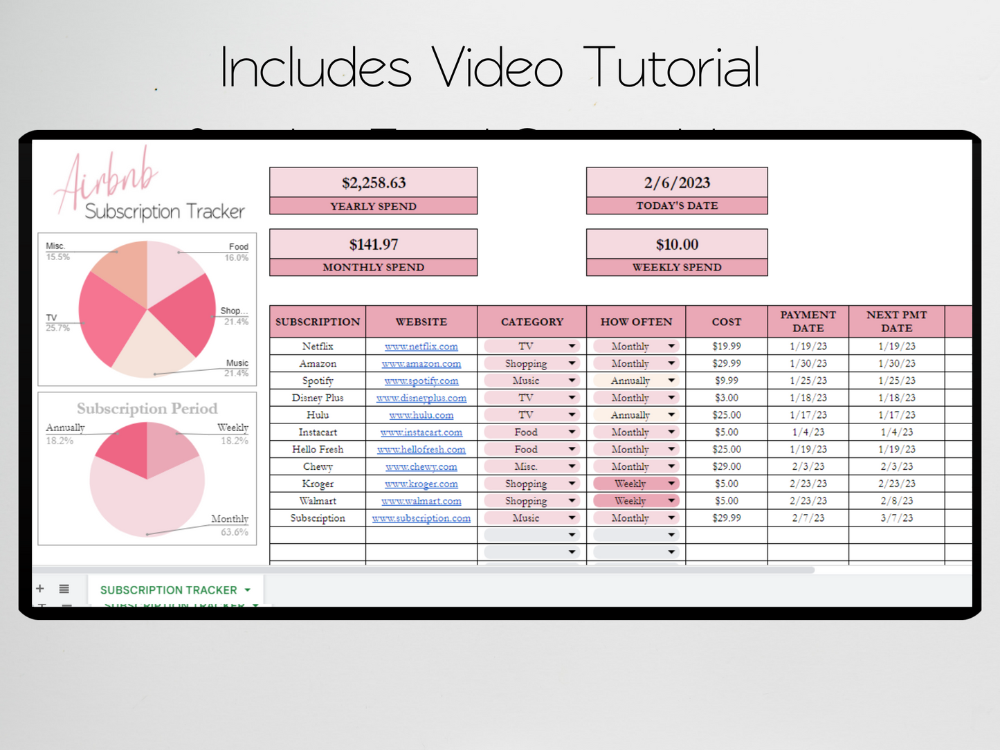 Airbnb Subscription Tracker Template Google Sheets Excel Spreadsheet