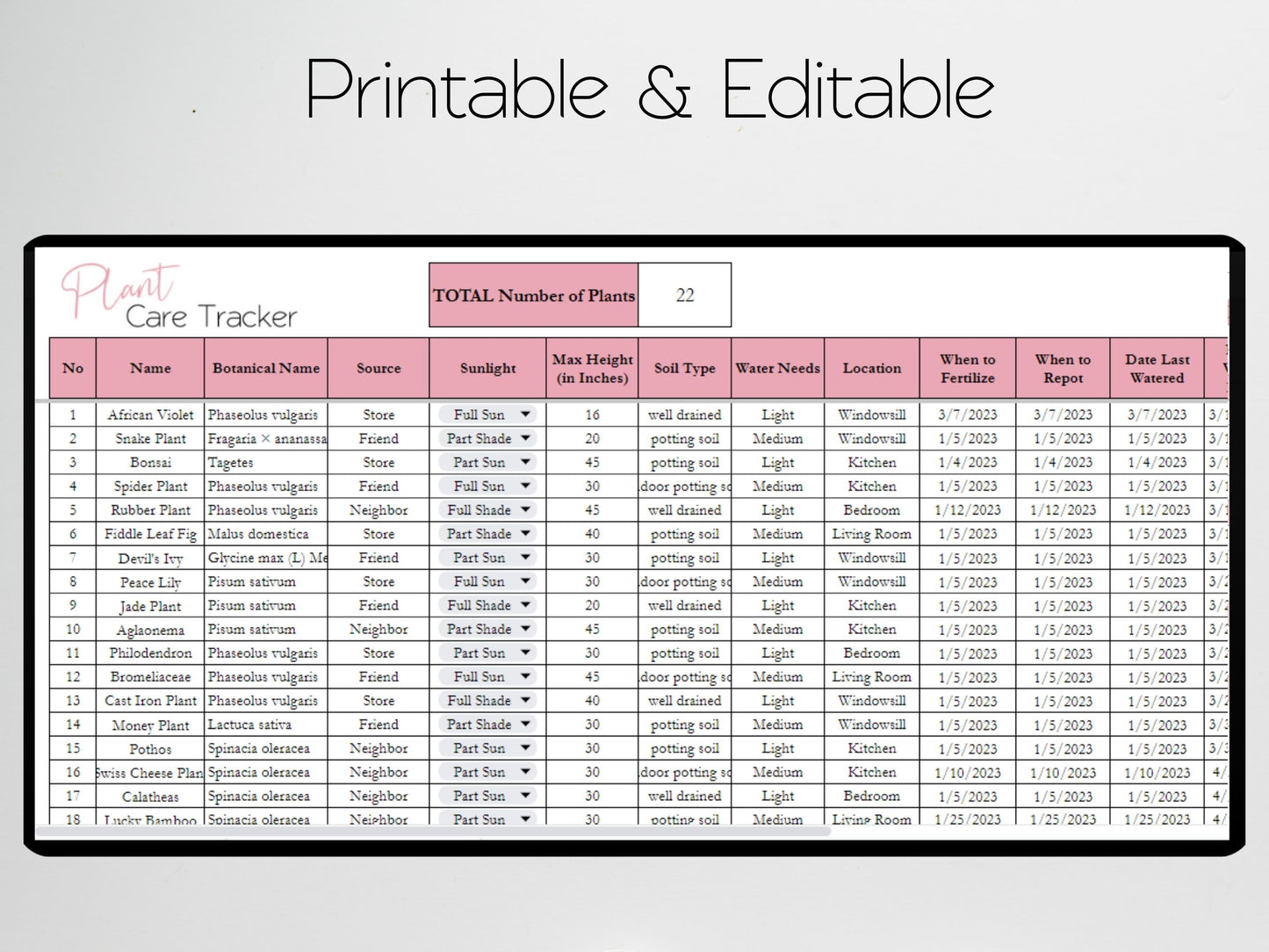 Plant Care Tracker Template Excel Spreadsheet Google Sheets