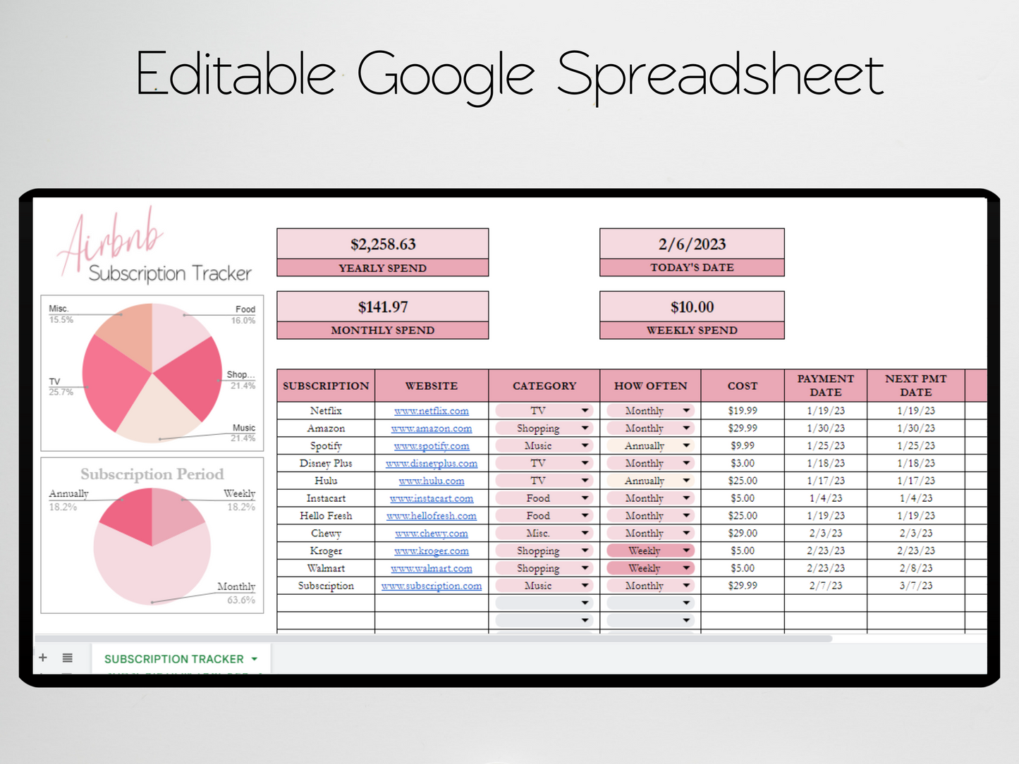 Airbnb Subscription Tracker Template Google Sheets Excel Spreadsheet