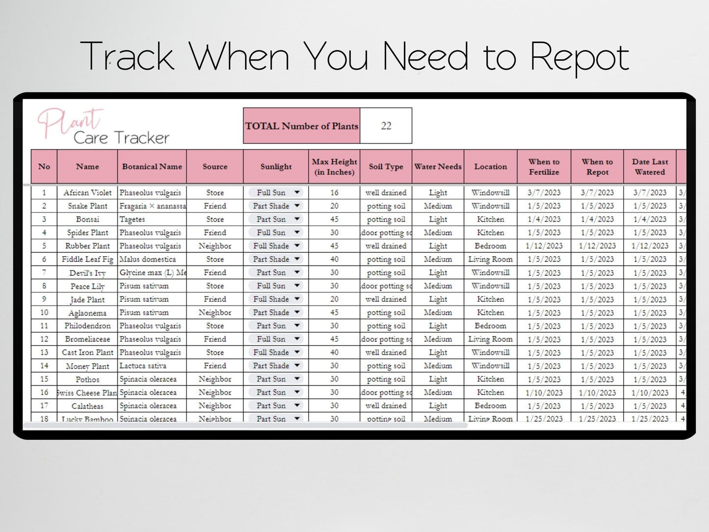 Plant Care Tracker Template Excel Spreadsheet Google Sheets