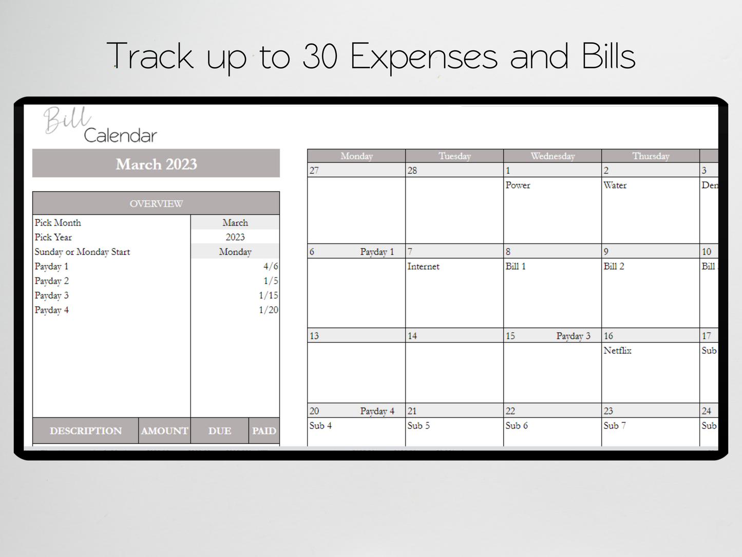 Bill Calendar Template Google Sheets Excel Spreadsheet