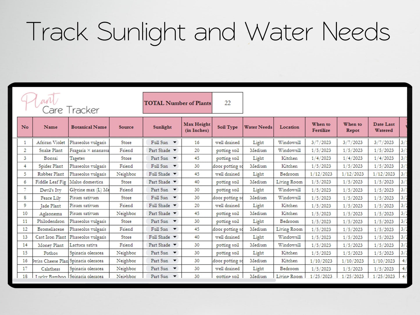 Plant Care Tracker Template Excel Spreadsheet Google Sheets