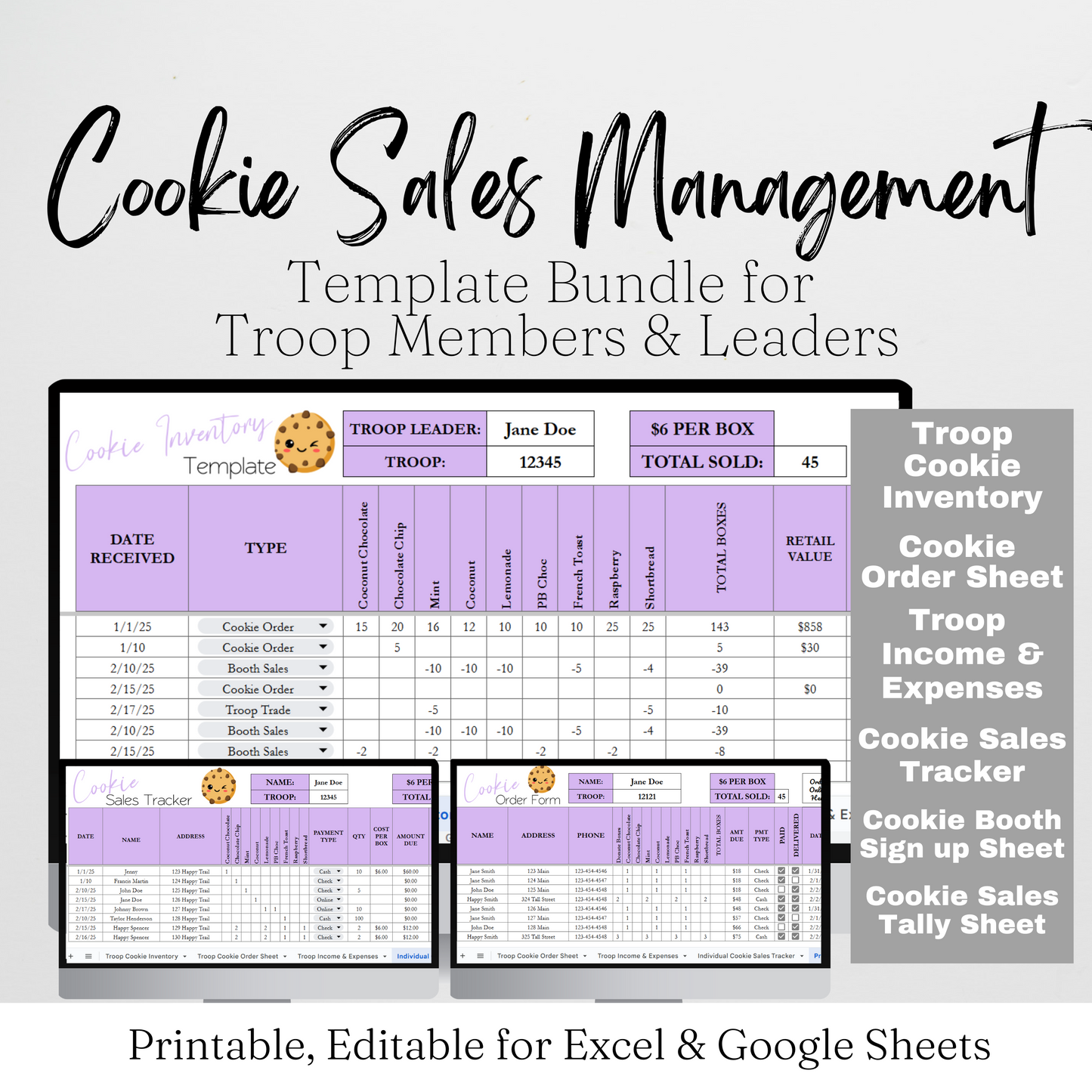 Cookie Sales Spreadsheet Template Bundle, Cookie Inventory Tracker for Girl Troop Leader