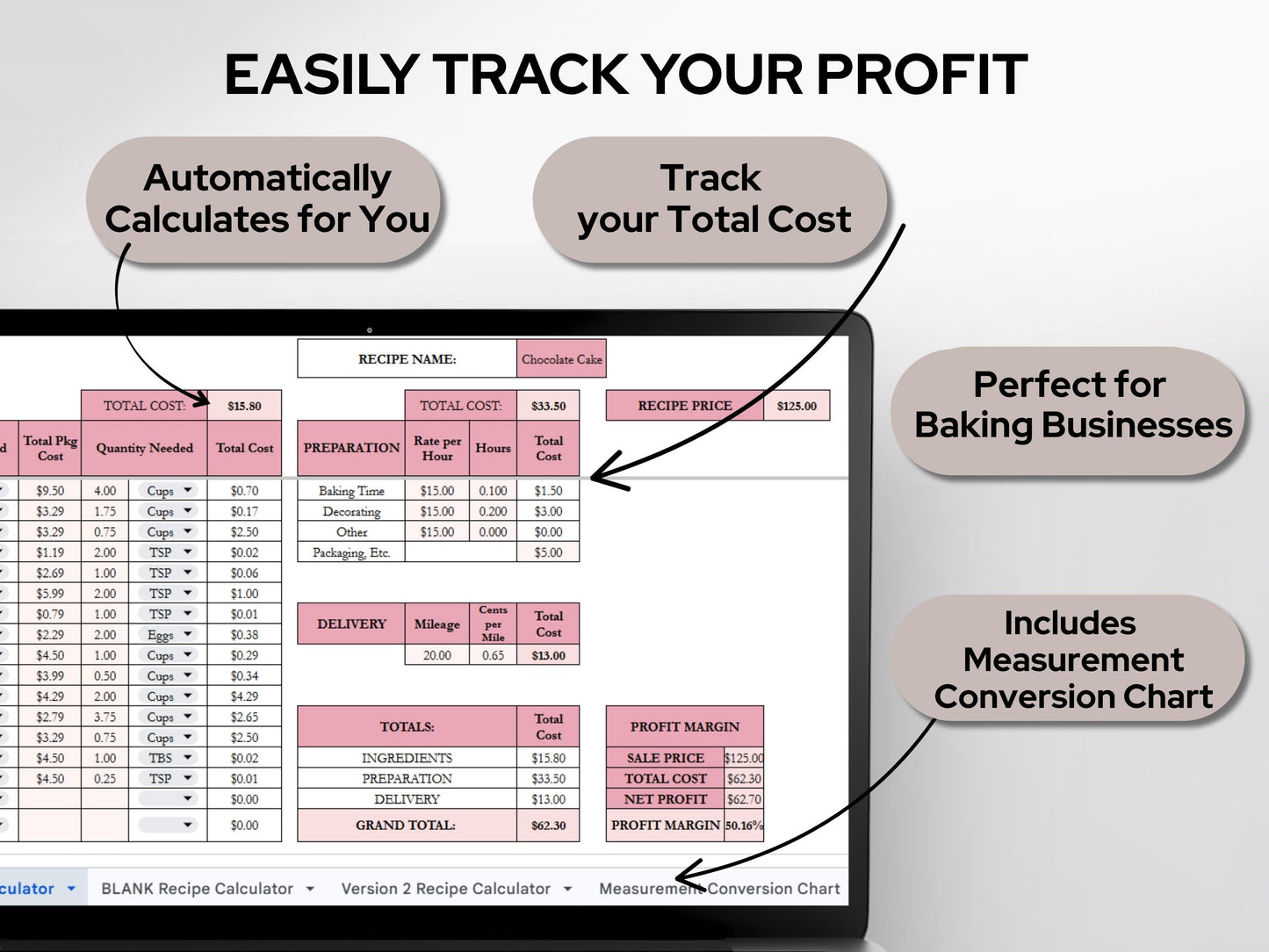 Recipe Cost Calculator Spreadsheet | Product Pricing & Profit Margin Template for Home Bakery Businesses | Google Sheets & Excel Spreadsheet Template