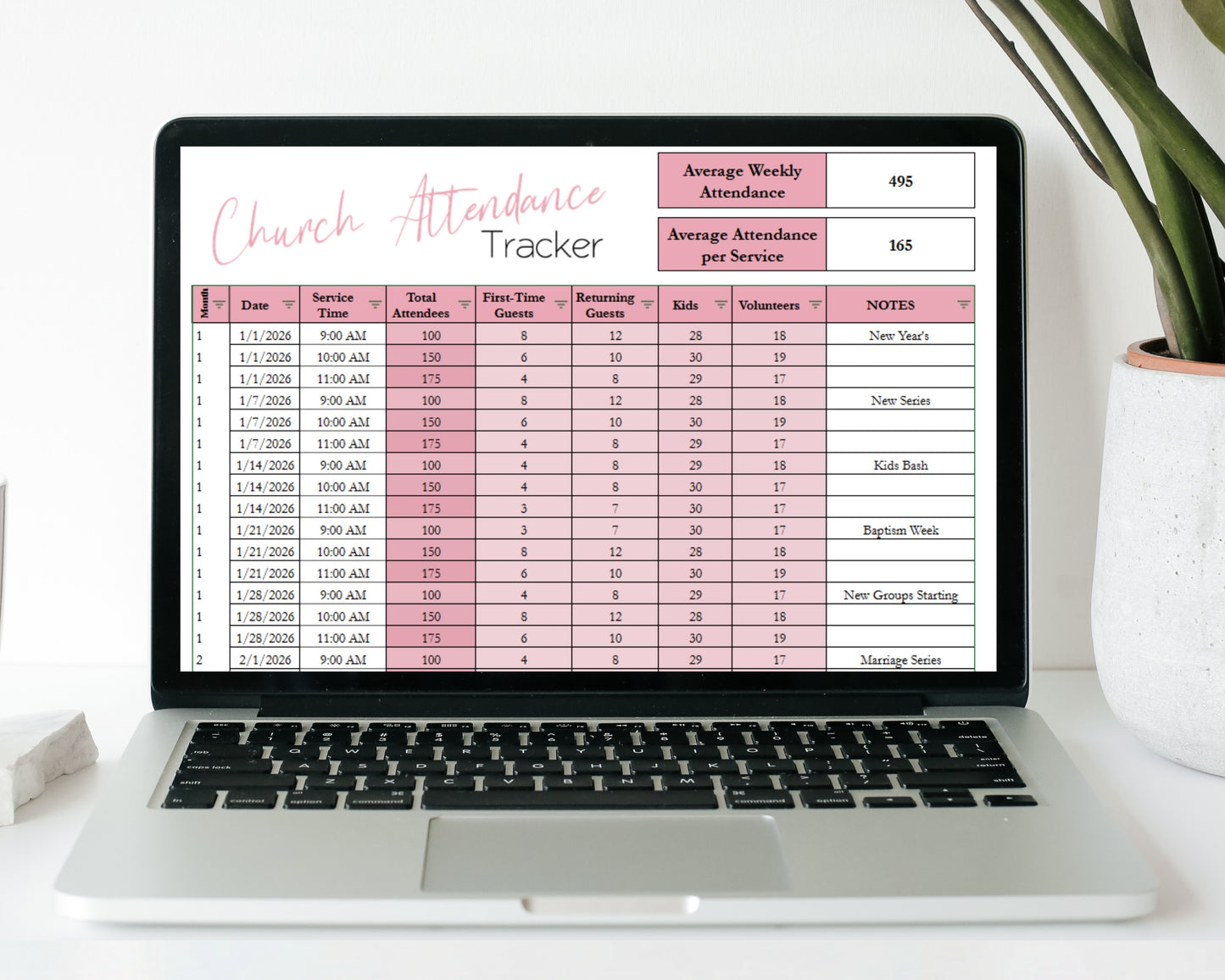 Church Attendance Tracker - Sunday Service, Regular Attendees, Visitors, Kids, Monthly & Annual Charts - Google Sheets and Excel Spreadsheet Template
