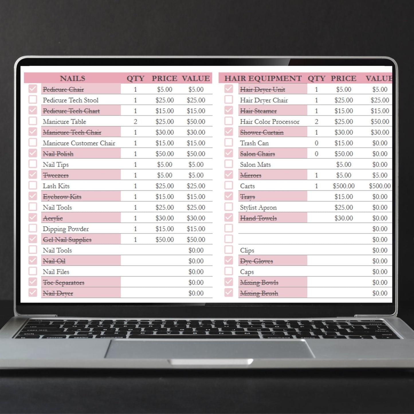 Salon Inventory Tracker Google Sheet and Excel Spreadsheet Template